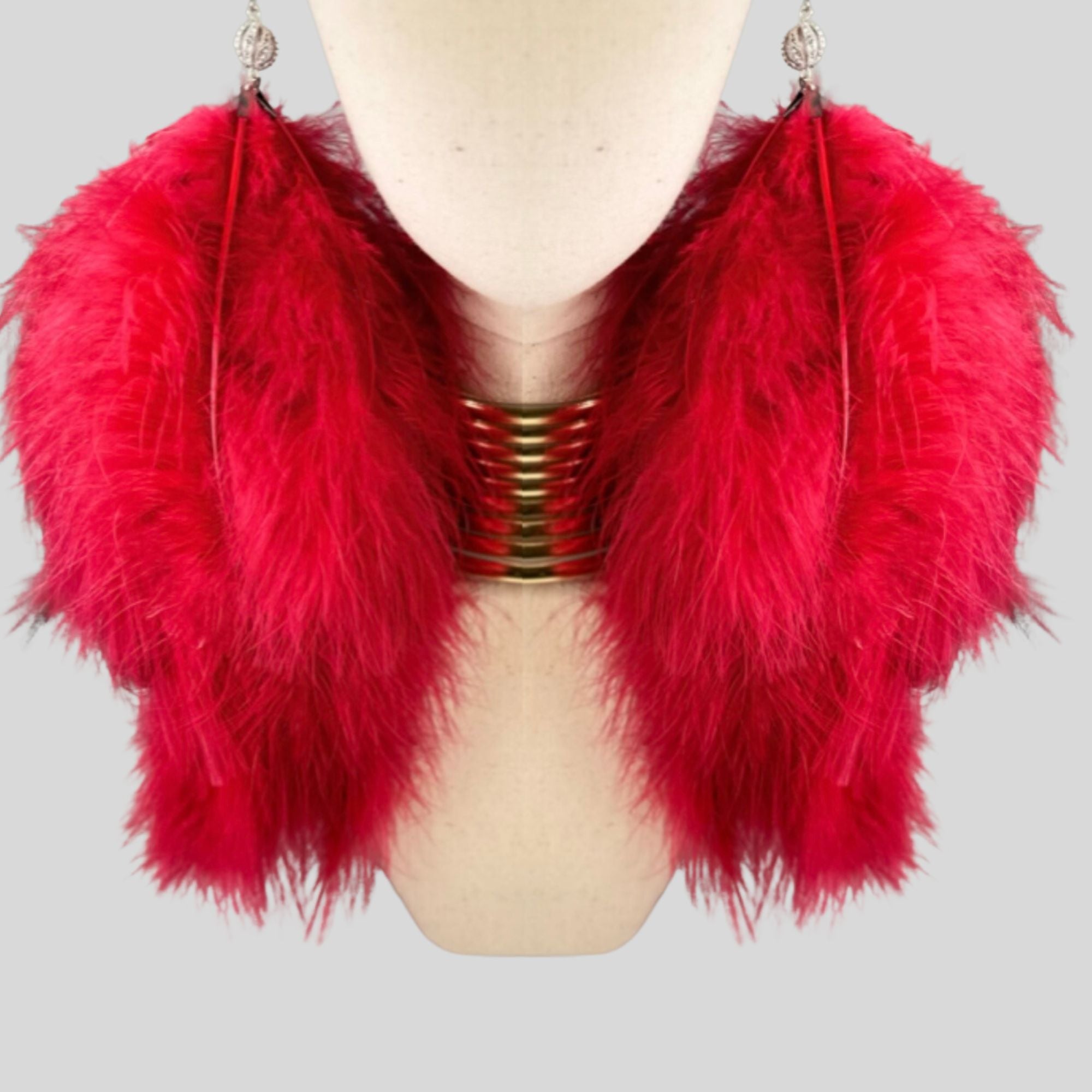 Red Plumes Fluffy Marabou Down Long Dangle Feather Earrings