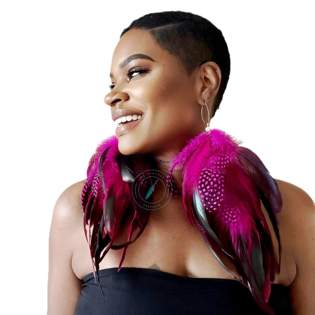 Rose Red Schlappen and Rose Red Dotted Guinea Long Dangle Feather Earrings