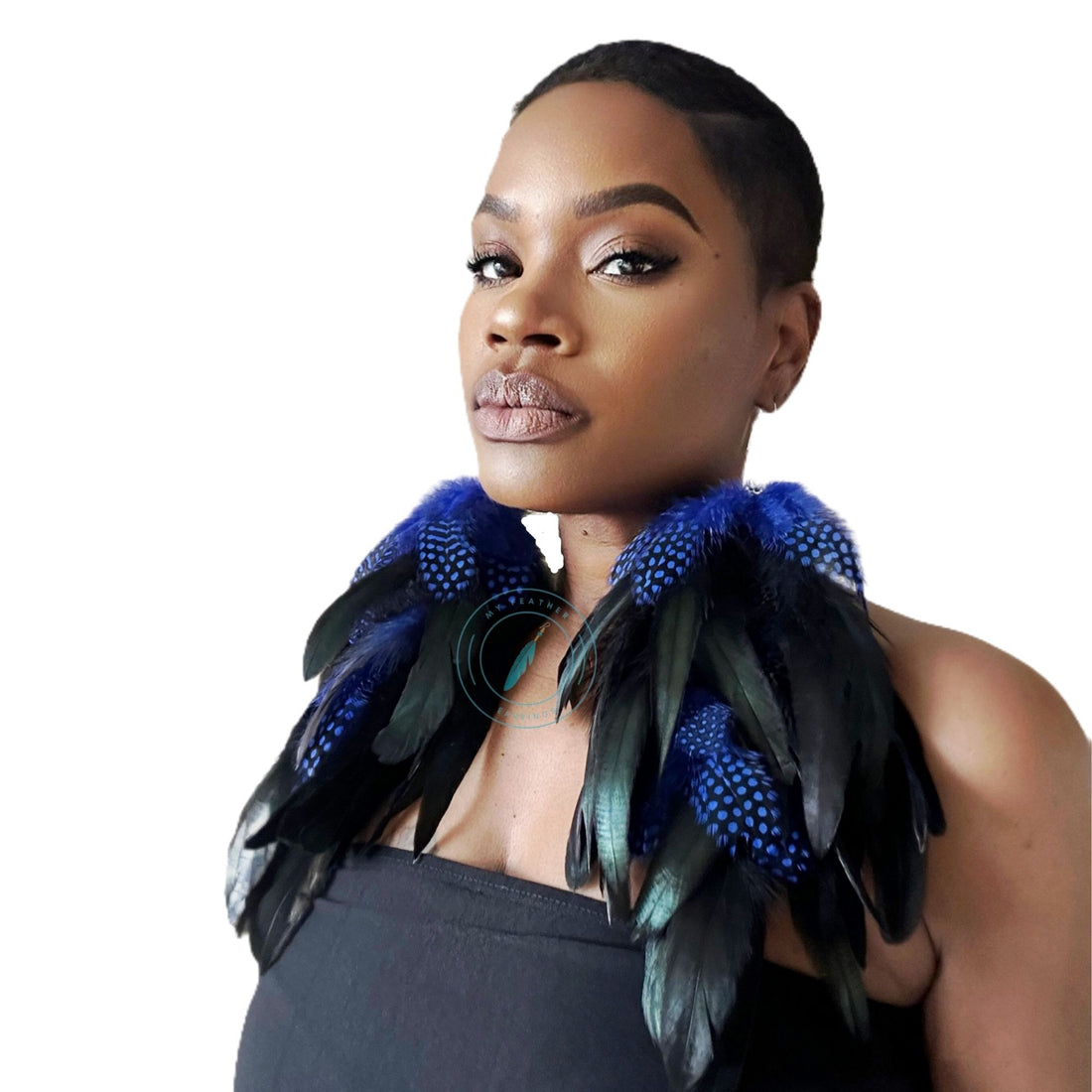 Blue Schlappen and Blue Dotted Guinea Long Dangle Feather Earrings