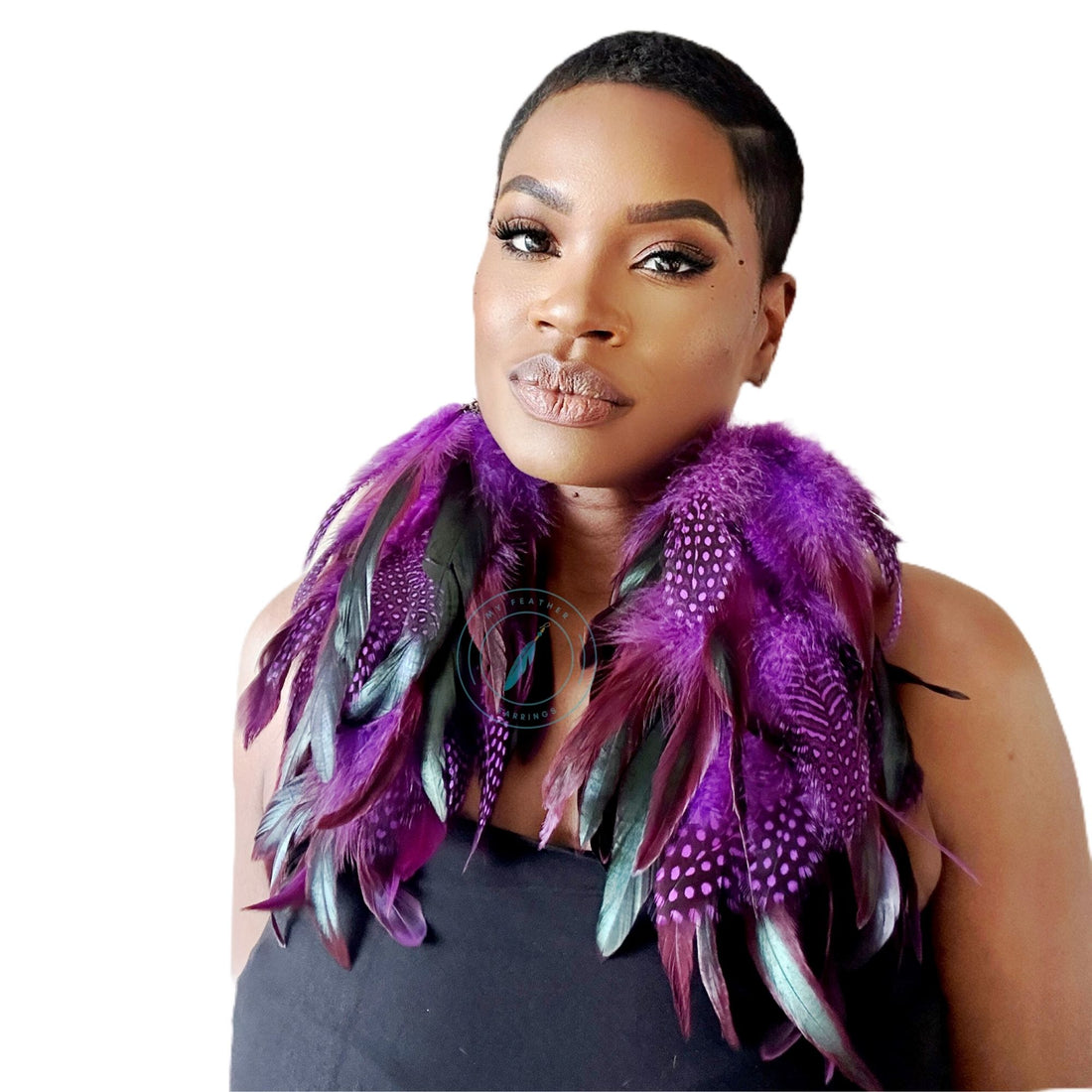 Purple Schlappen and Purple Dotted Guinea Long Dangle Feather Earrings