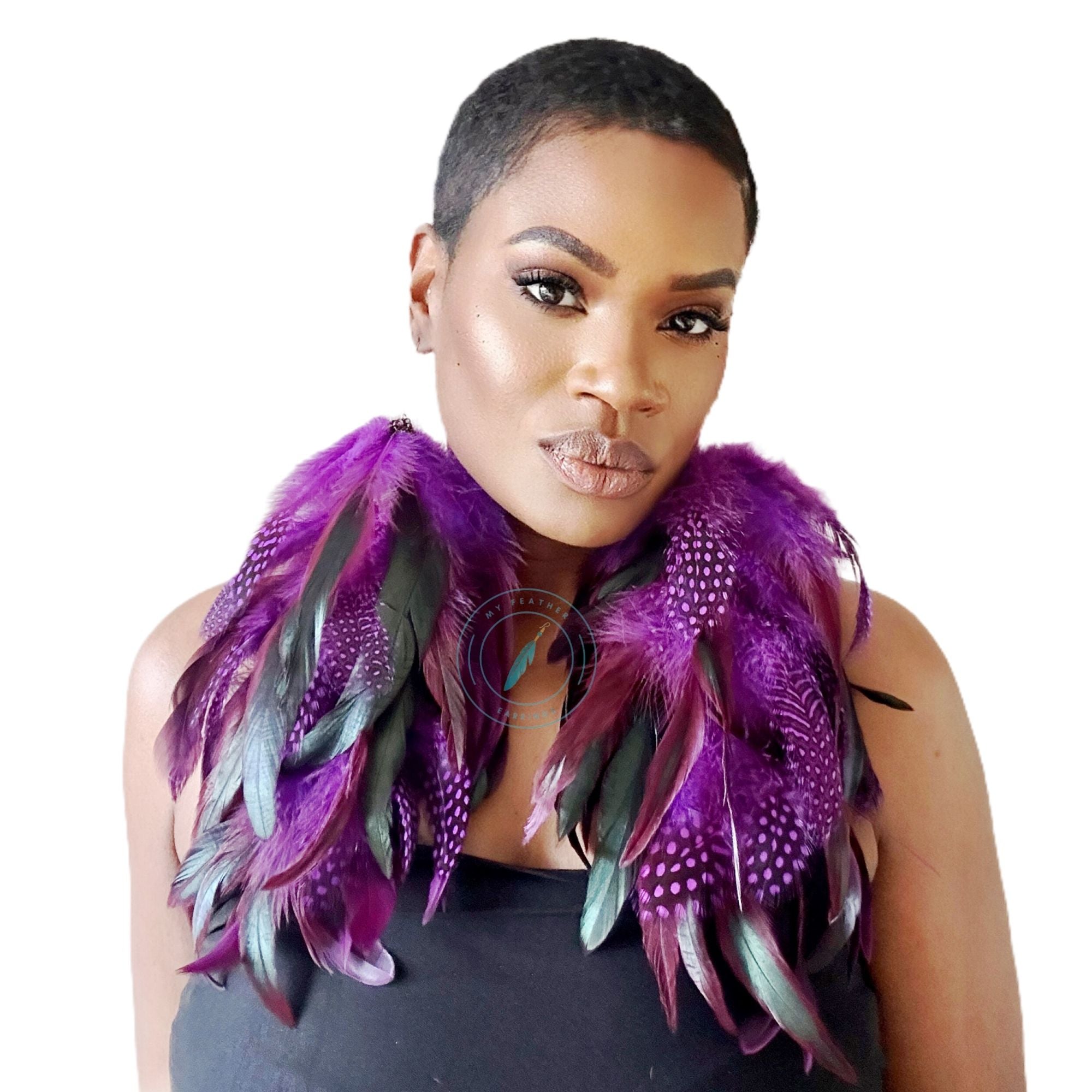 Purple Schlappen and Purple Dotted Guinea Long Dangle Feather Earrings