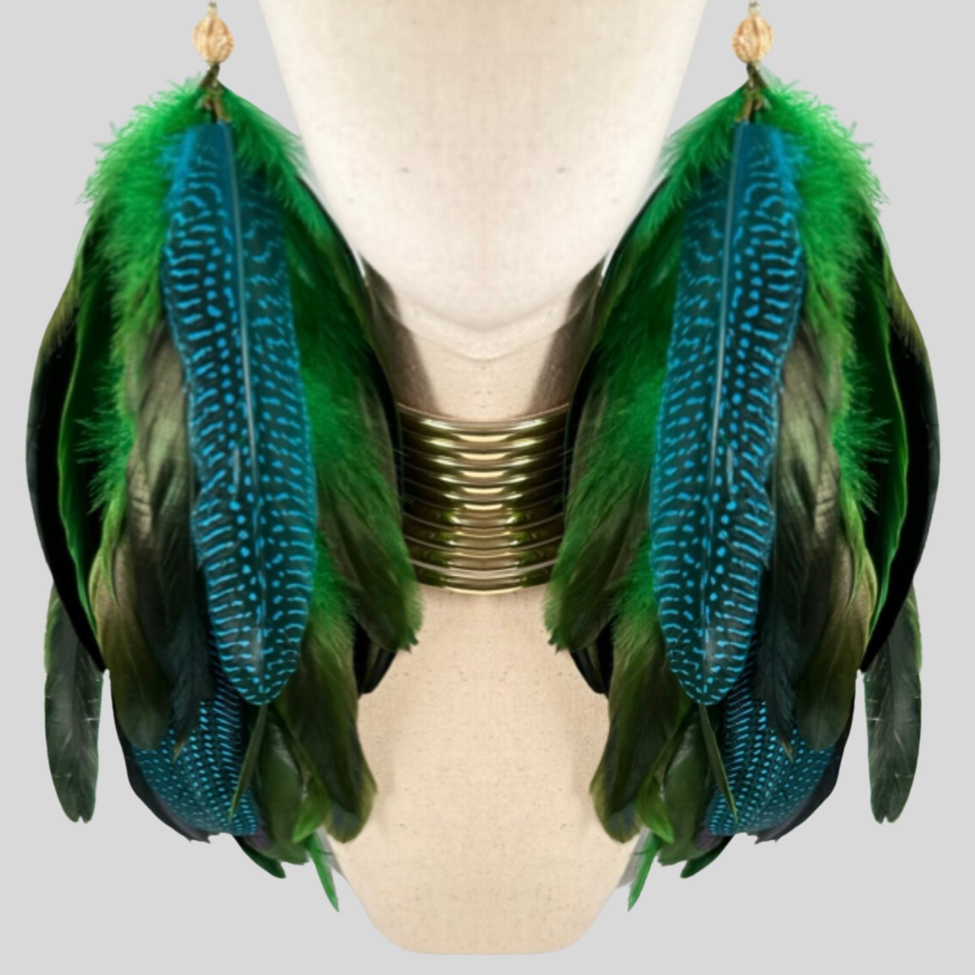 Green Schlappen and Blueish Green Guinea Long Dangle Earrings
