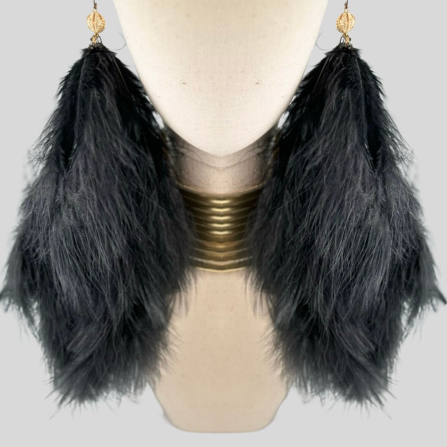 Black Plumes Fluffy Marabou Down Long Dangle Feather Earrings