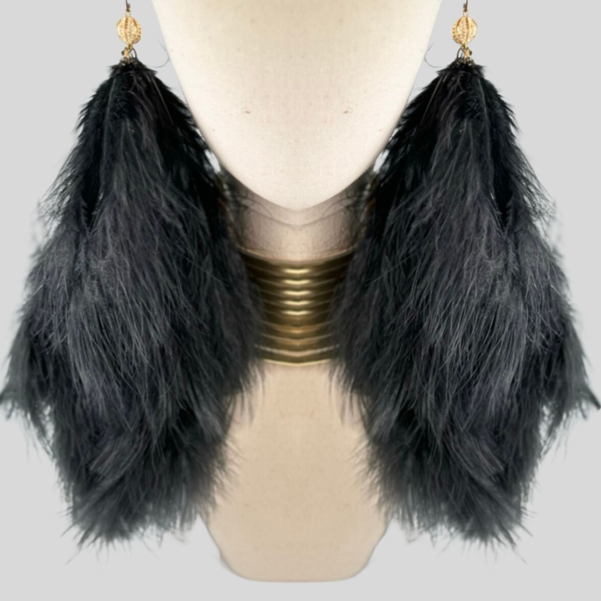 Black Plumes Fluffy Marabou Down Long Dangle Feather Earrings