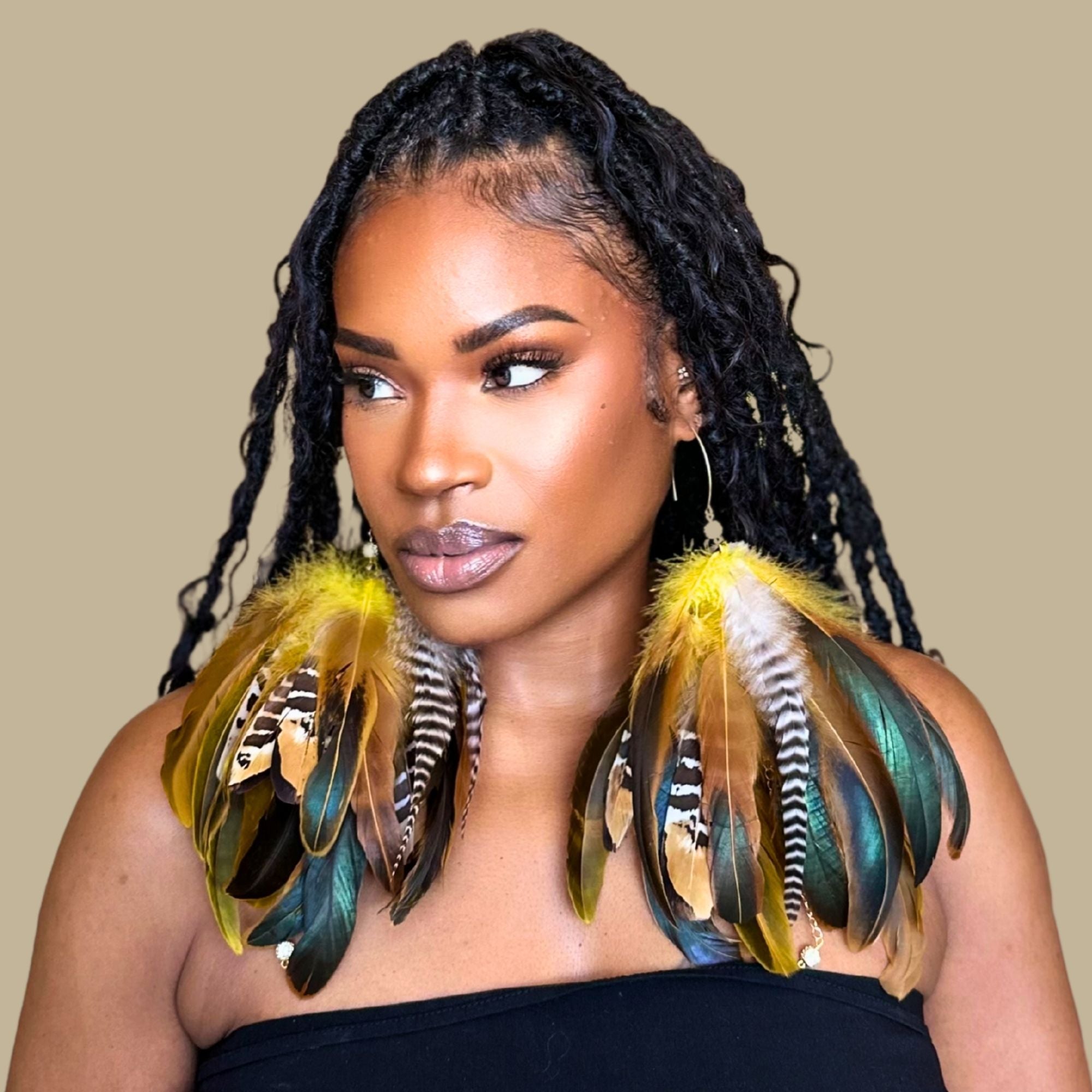 SWAY YELLOW - Yellow Schlappen and Venery Wings Short Tassel Feather Earrings