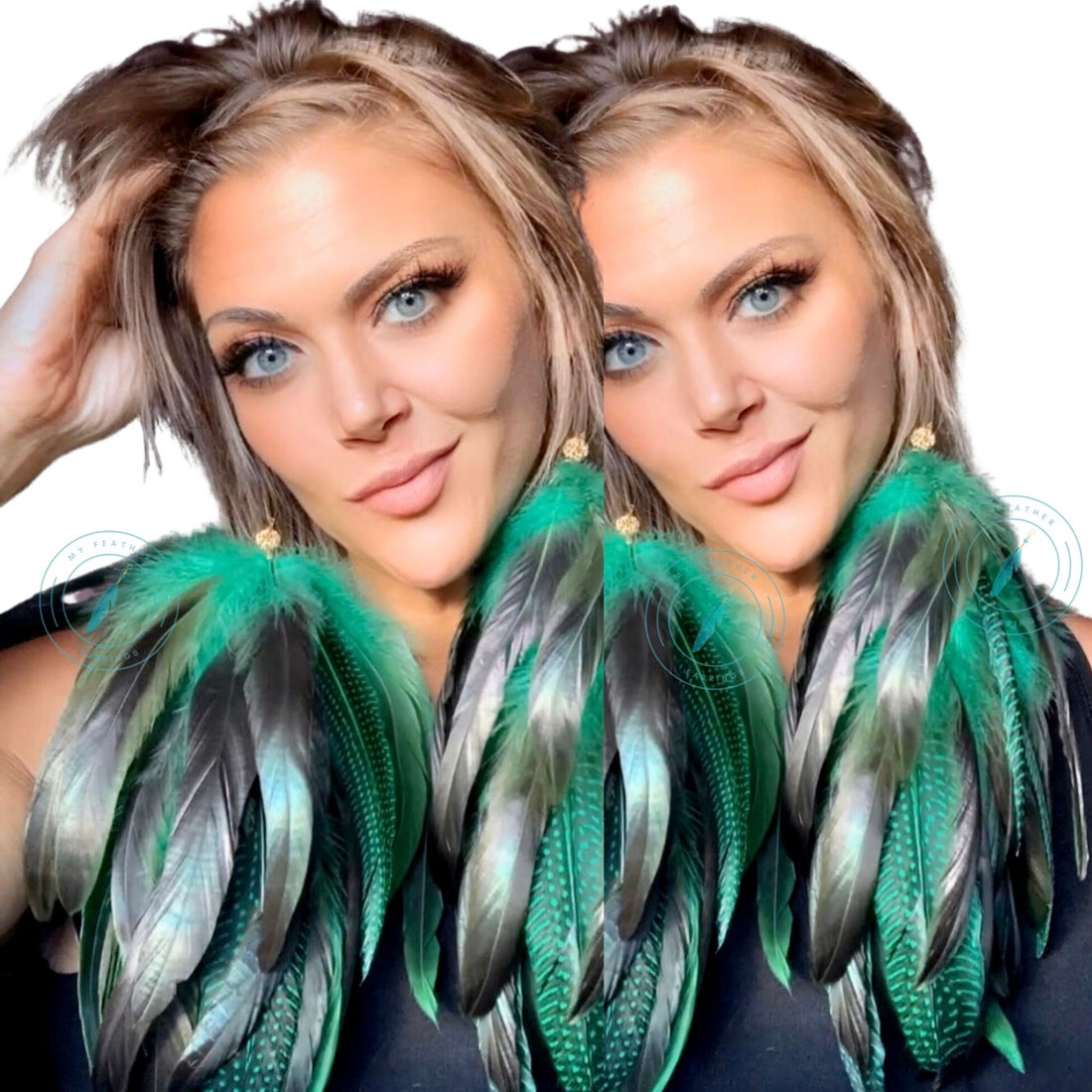 Green Schlappen and Blueish Green Guinea Long Dangle Earrings