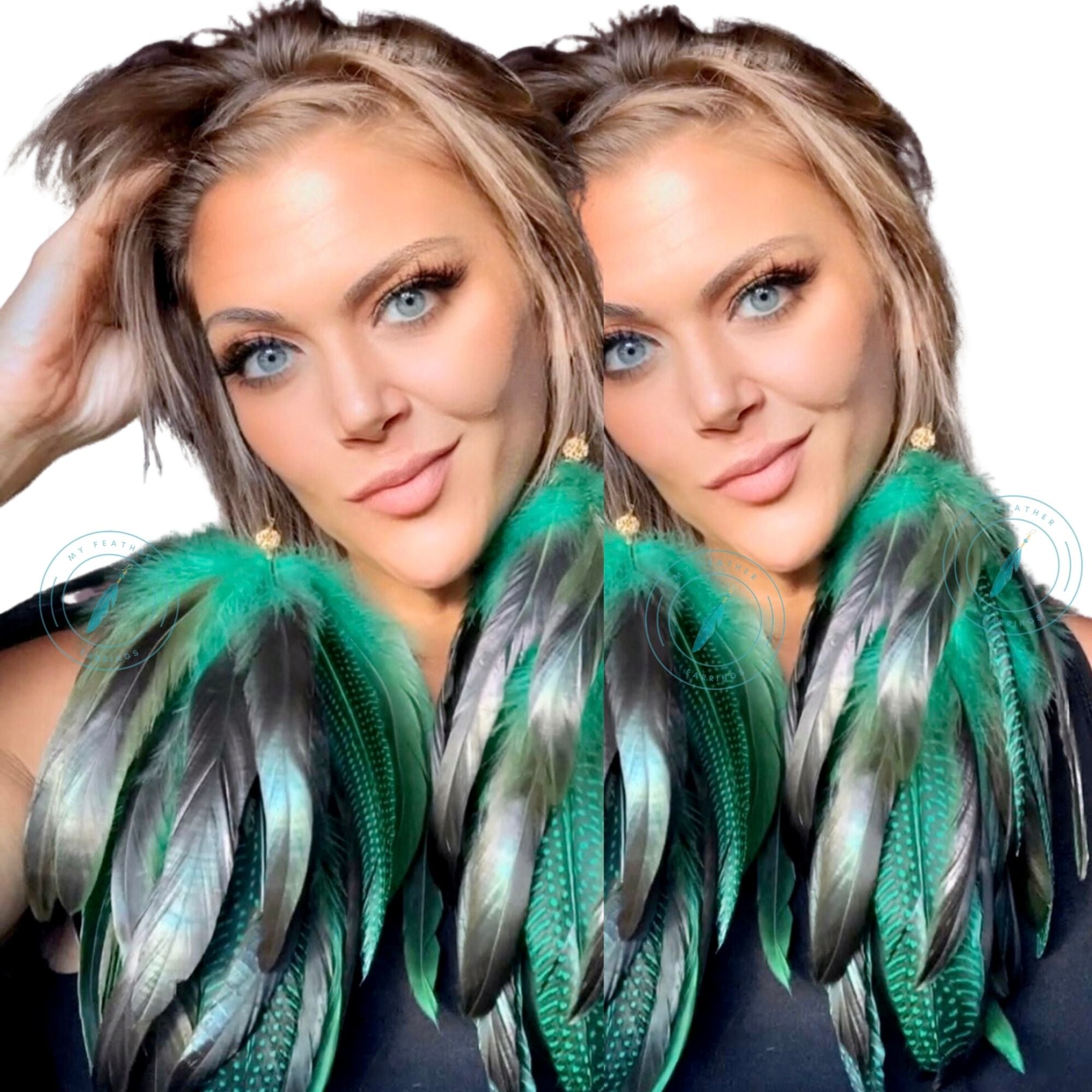 Green Schlappen and Blueish Green Guinea Long Dangle Earrings
