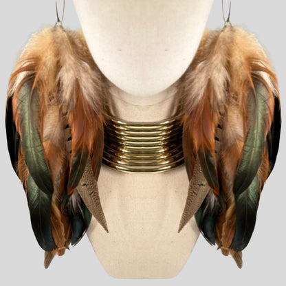 Brown Schlappen and Lady Amherst Long Dangle Feather Earrings
