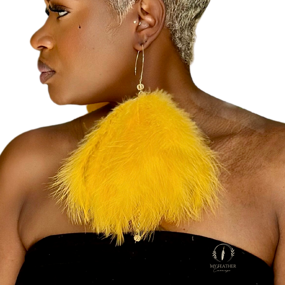 Gold Plumes Fluffy Marabou Down Short Tassel Feather Earrings
