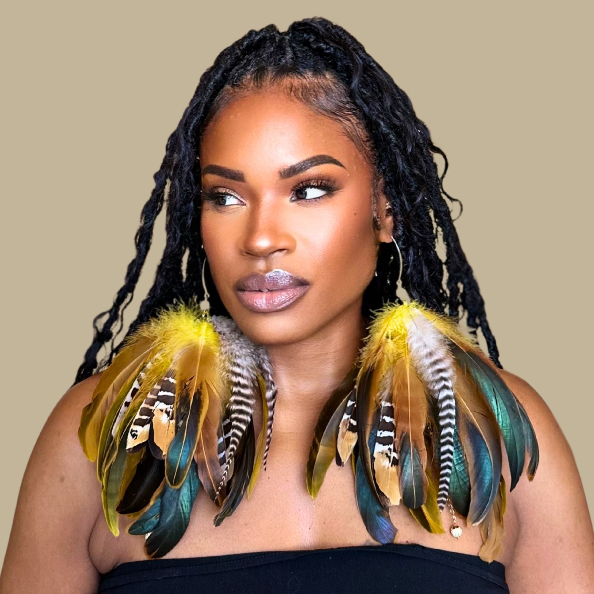SWAY YELLOW - Yellow Schlappen and Venery Wings Short Tassel Feather Earrings