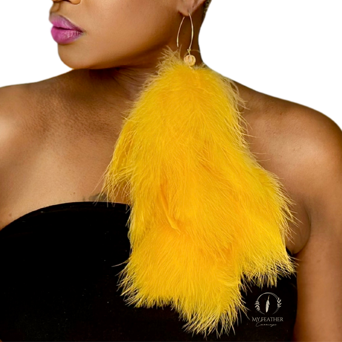 Gold Plumes Fluffy Marabou Down Long Dangle Feather Earrings