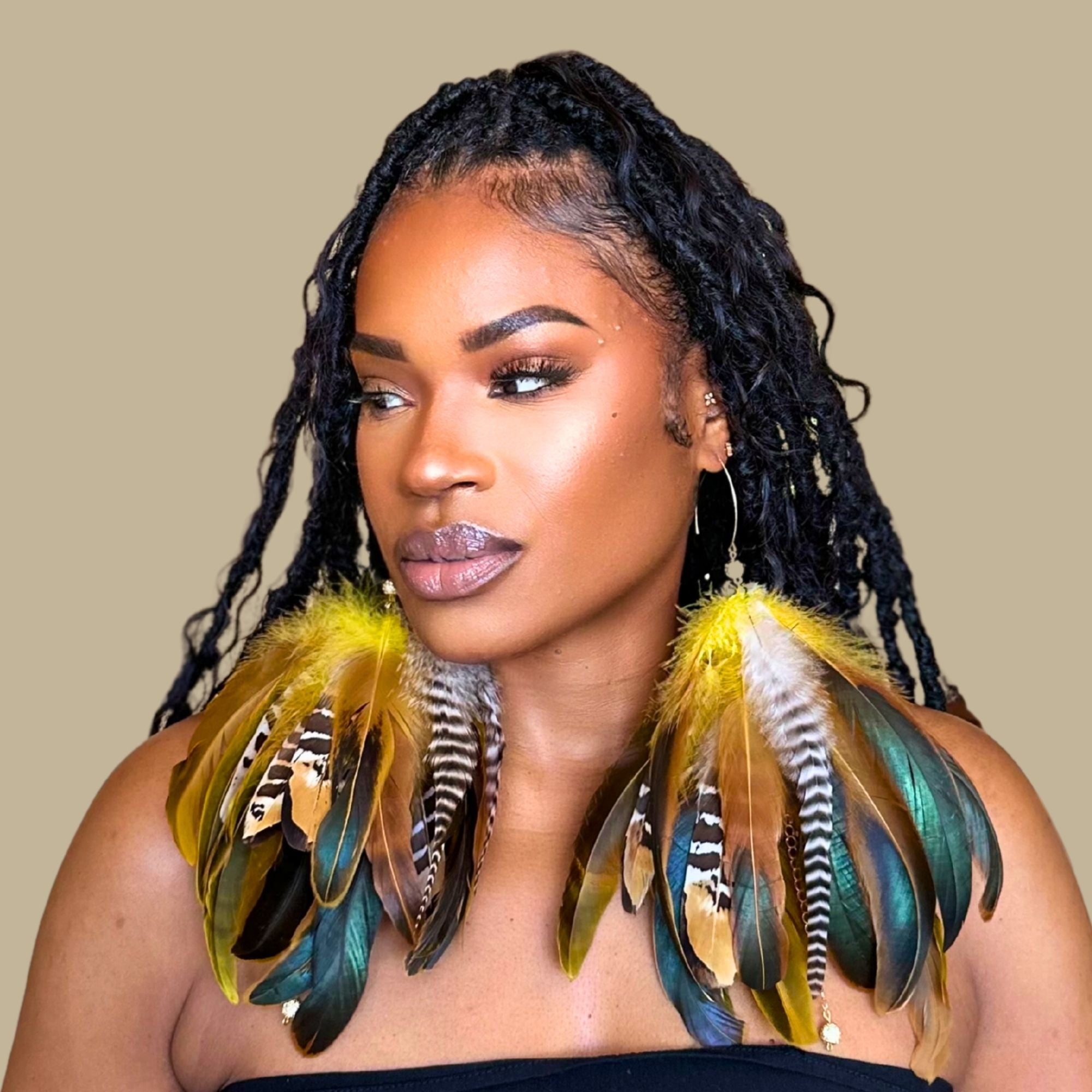 SWAY YELLOW - Yellow Schlappen and Venery Wings Short Tassel Feather Earrings