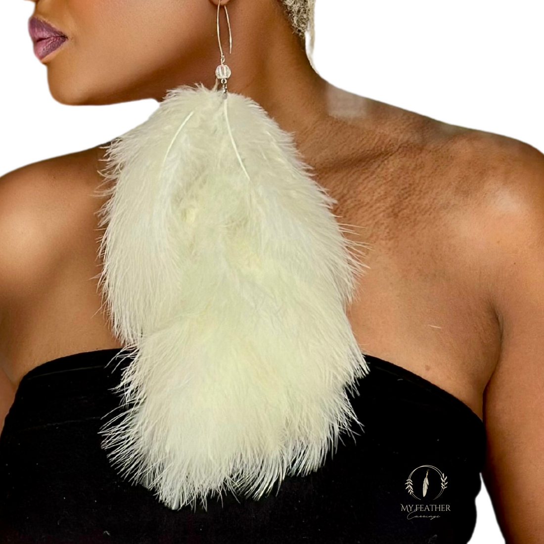 Cream Plumes Fluffy Marabou Down Long Tassel Feather Earrings