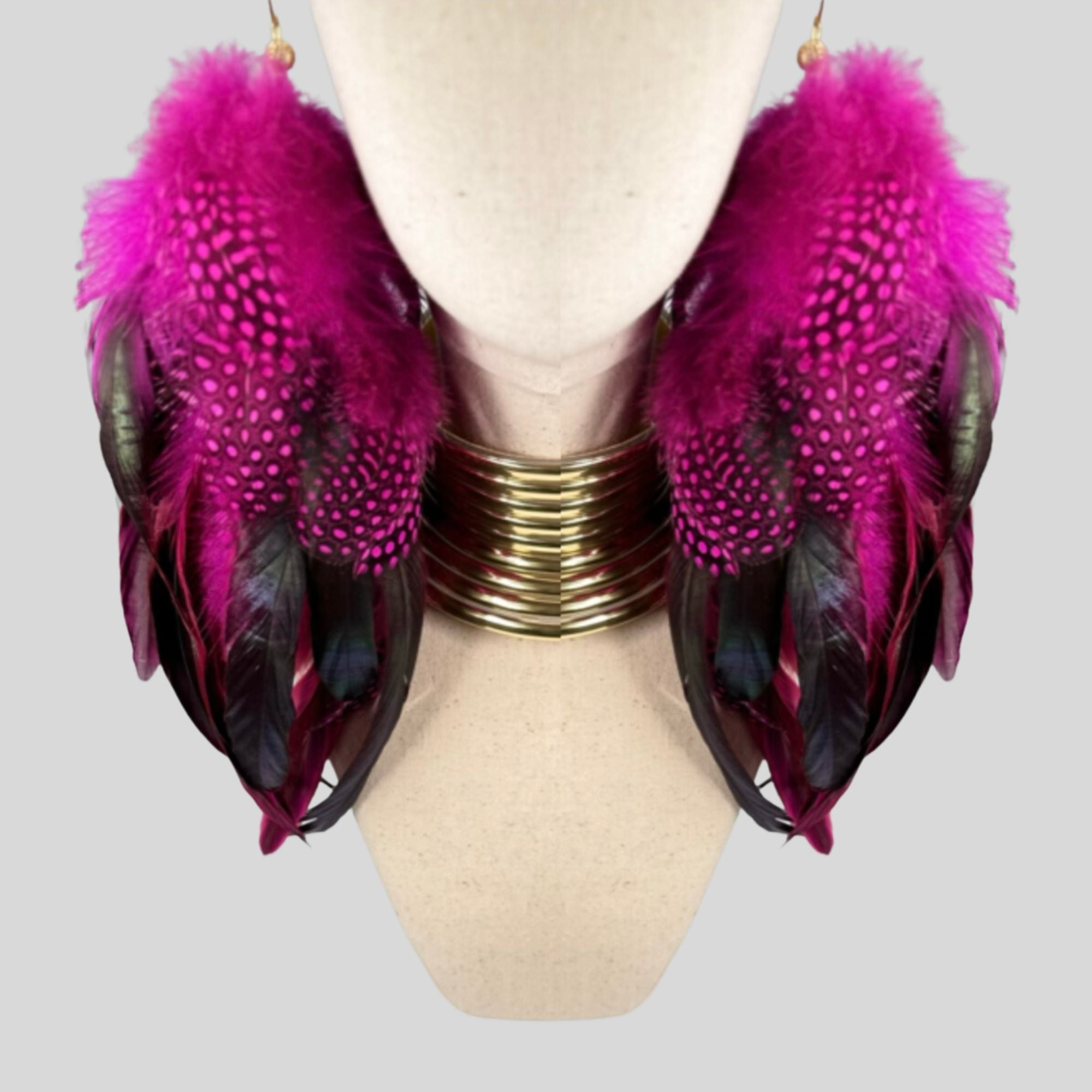 Rose Red Schlappen and Rose Red Dotted Guinea Long Dangle Feather Earrings