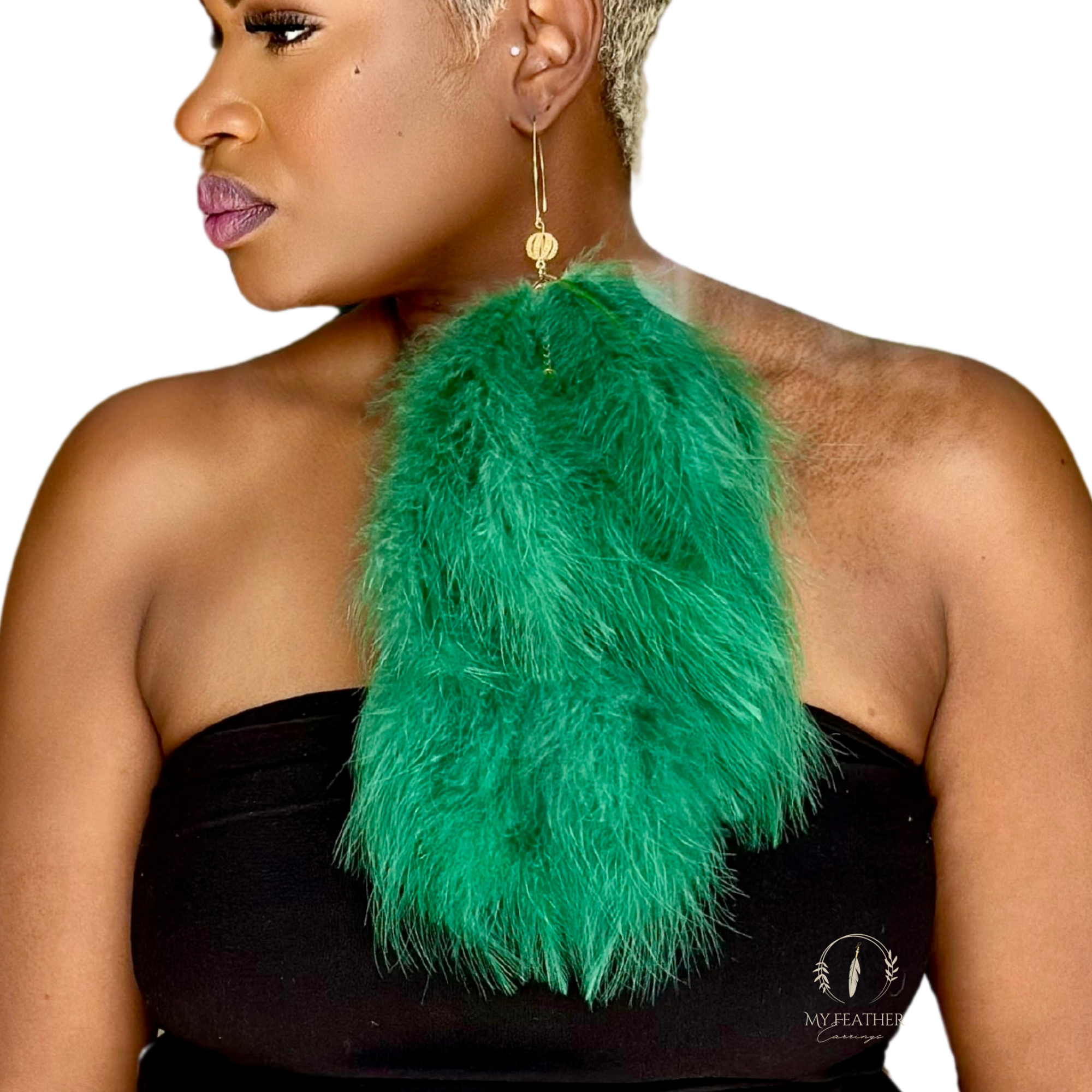 Green Plumes Fluffy Marabou Down Long Dangle Feather Earrings