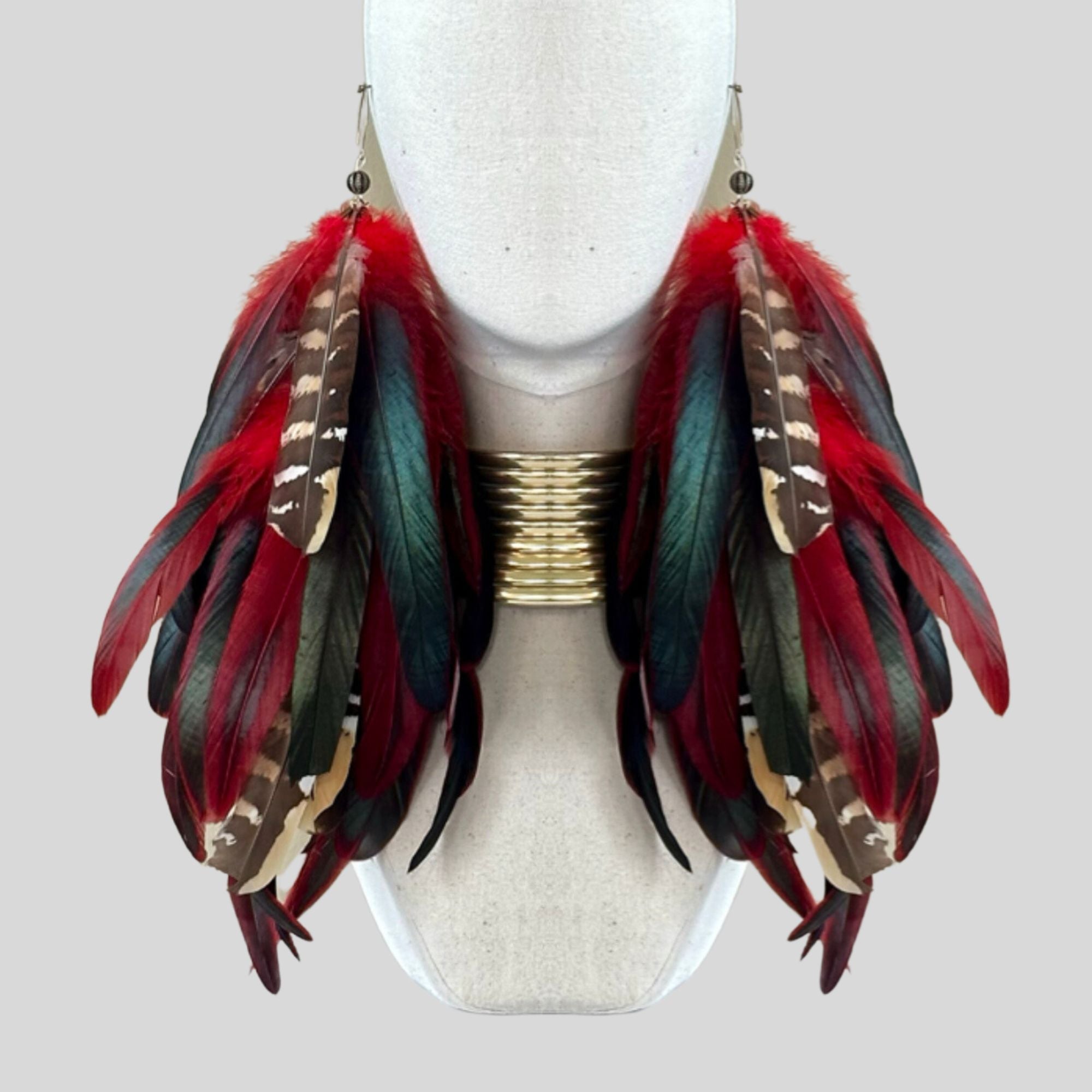 Red Schlappen and Venery Wings Long Dangle Feather Earrings