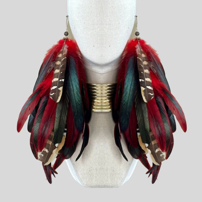 Red Schlappen and Venery Wings Long Dangle Feather Earrings