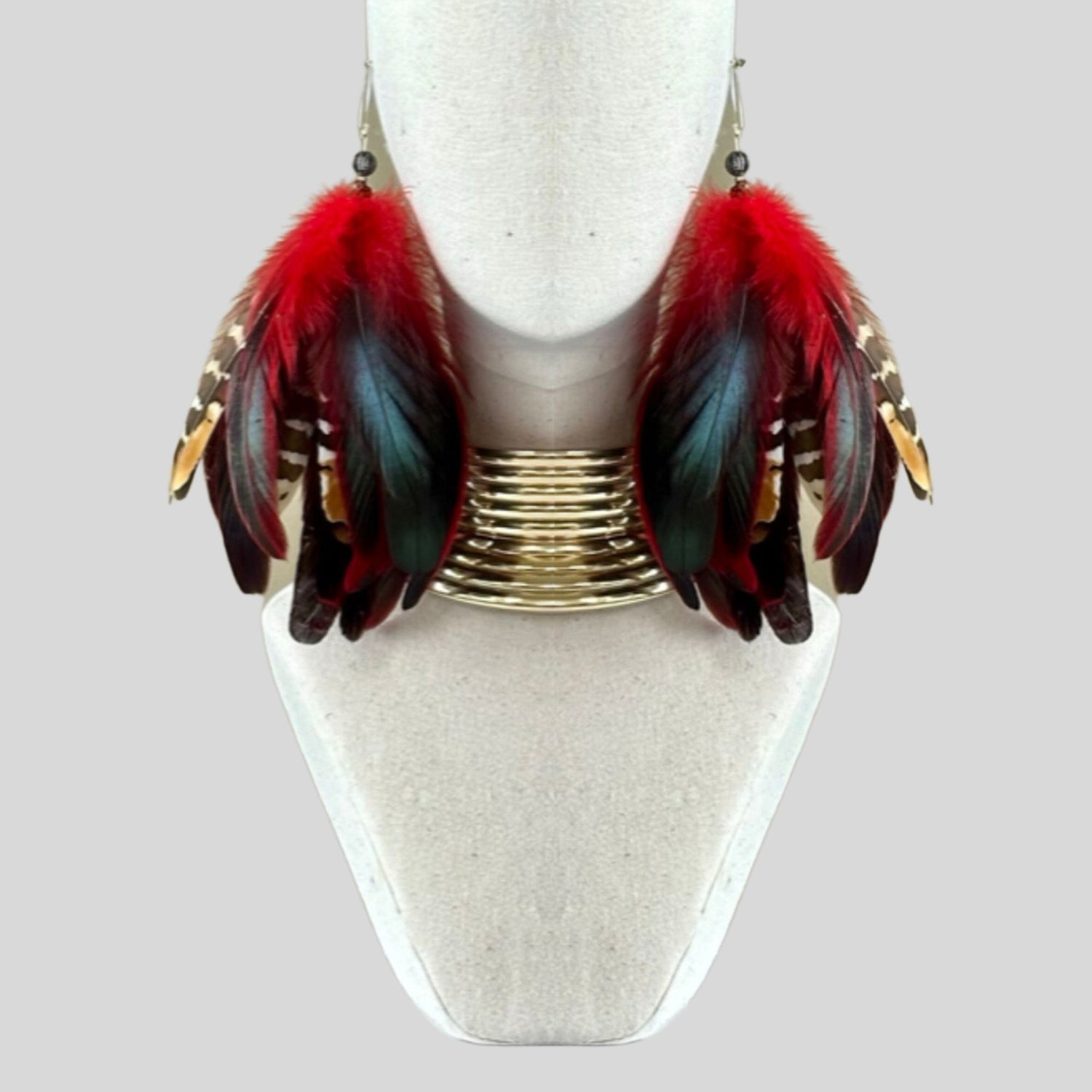 Red Schlappen and Venery Wings Short Tassel Feather Earrings