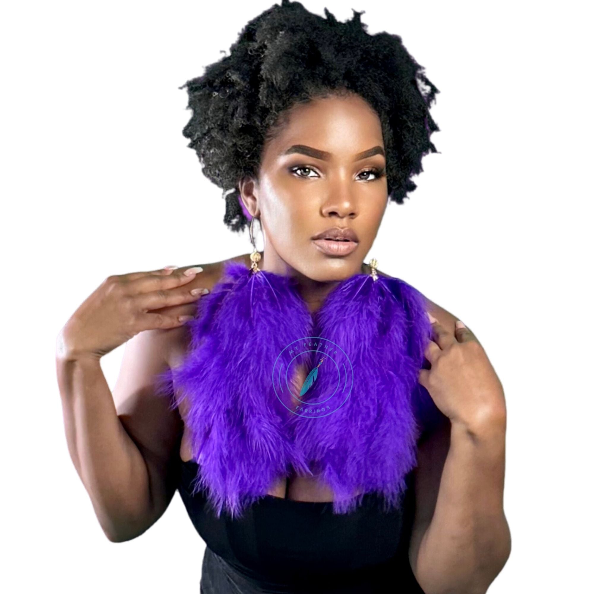 Purple Plumes Fluffy Marabou Down Long Dangle Feather Earrings