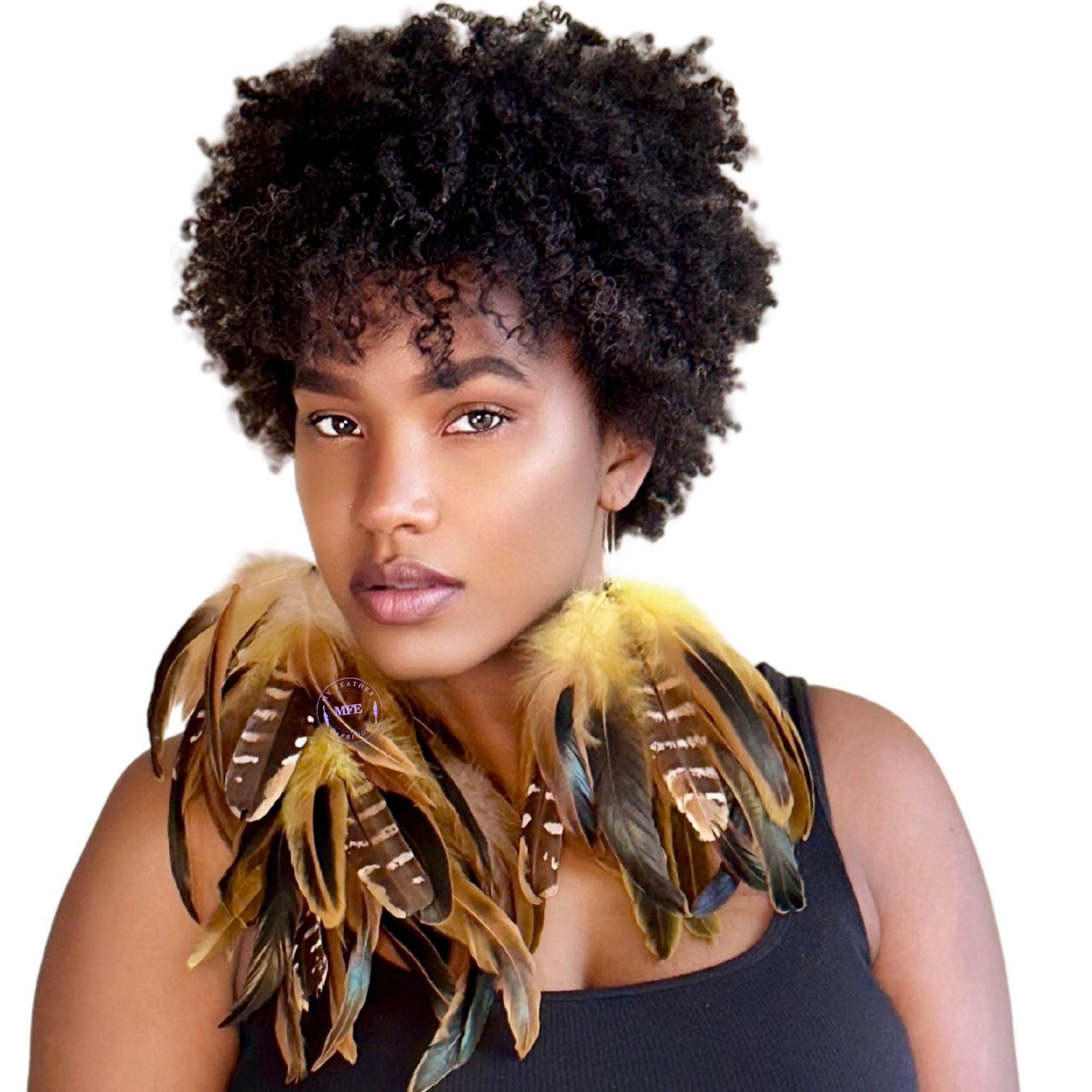 Yellow Schlappen One Long and One Short Dangle Feather Earrings