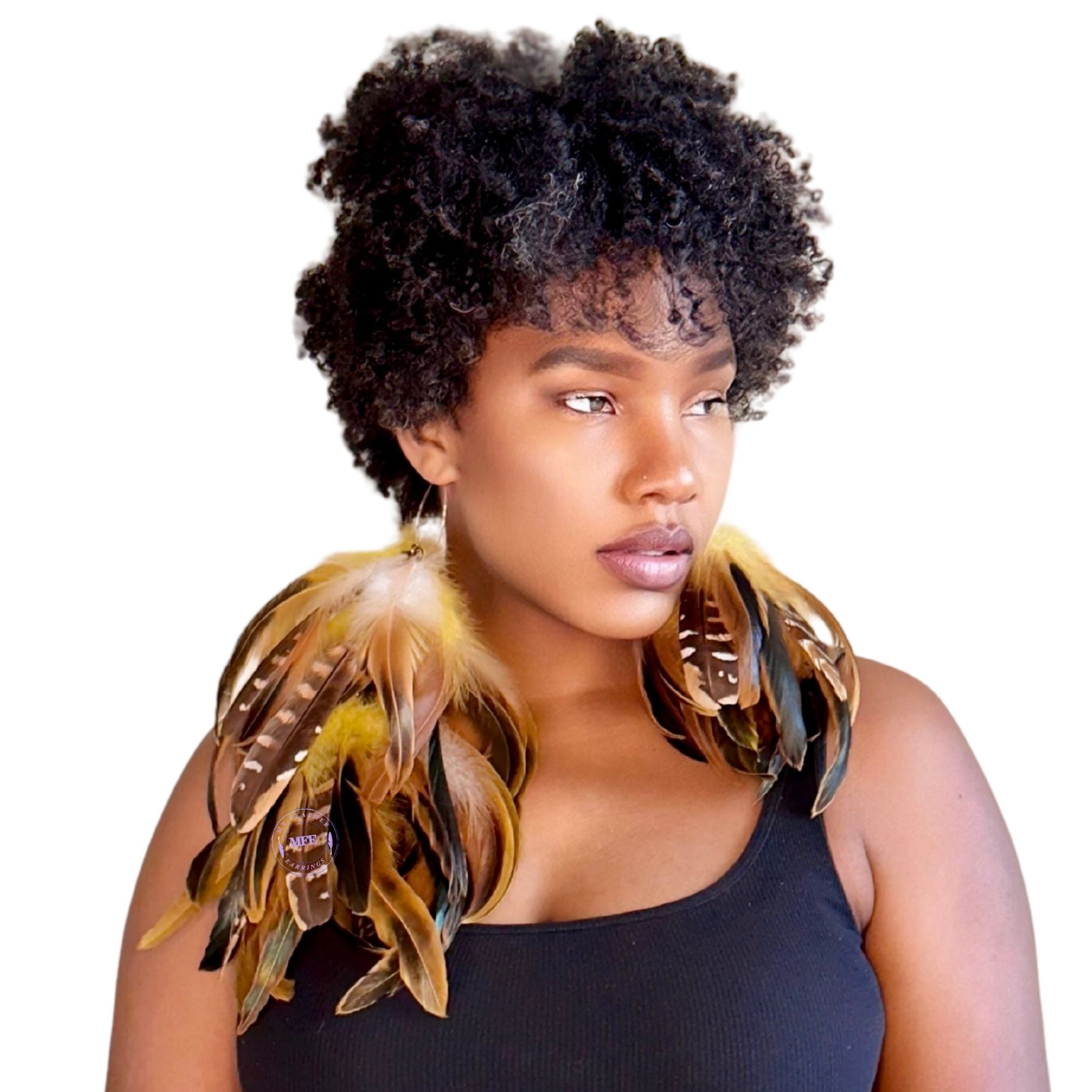 Yellow Schlappen One Long and One Short Dangle Feather Earrings