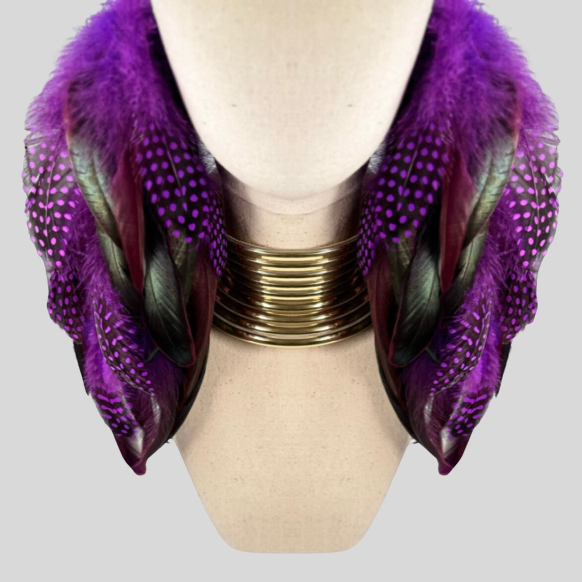 Purple Schlappen and Purple Dotted Guinea Long Dangle Feather Earrings