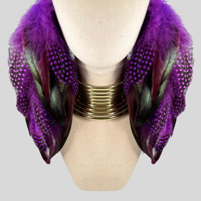 Purple Schlappen and Purple Dotted Guinea Long Dangle Feather Earrings