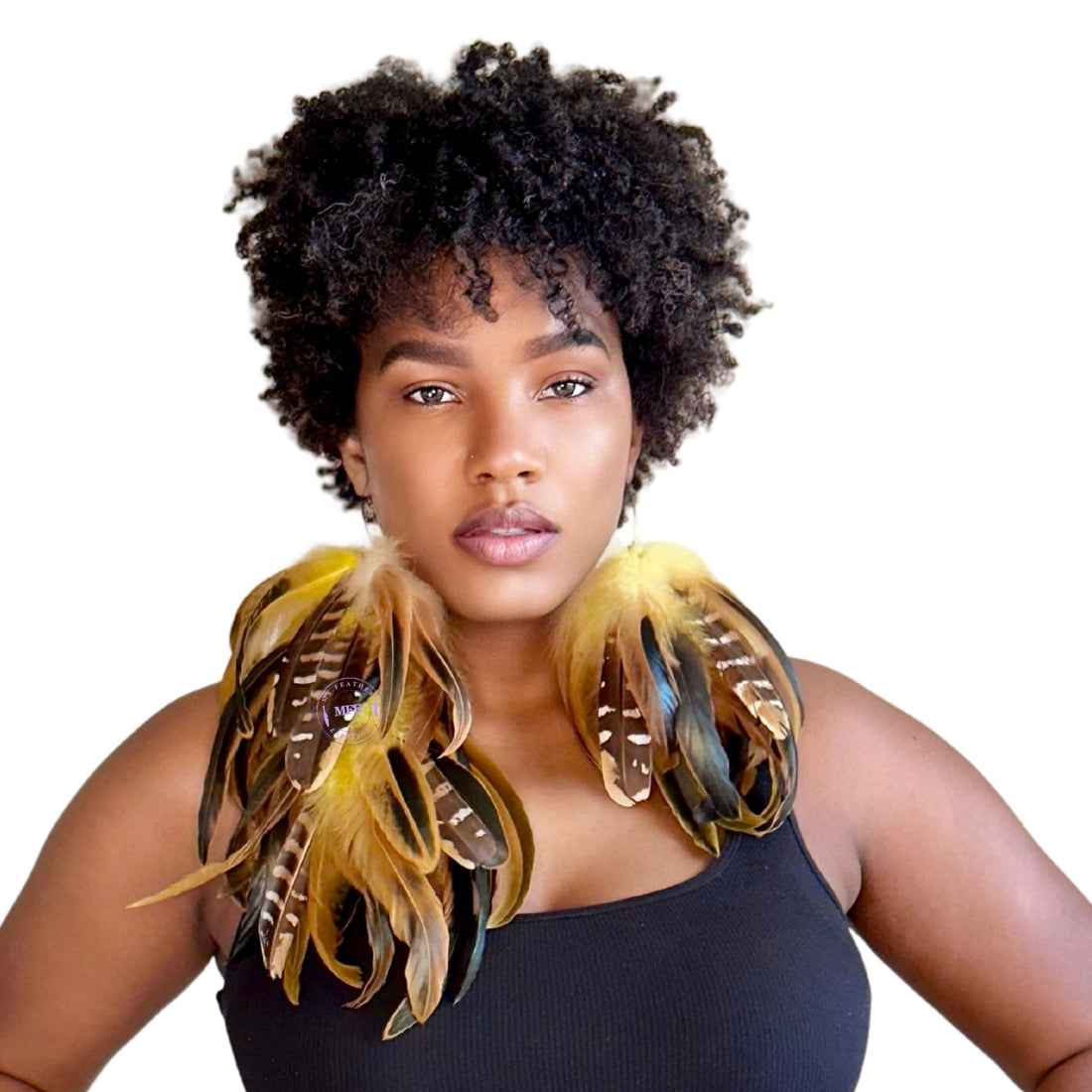 Yellow Schlappen One Long and One Short Dangle Feather Earrings