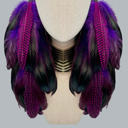 Purple Schlappen and Rose Guinea Long Dangle Feather Earrings