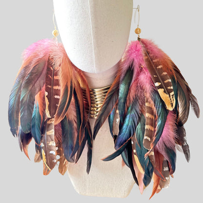 Pink Schlappen and Venery Wings Long Dangle Feather Earrings