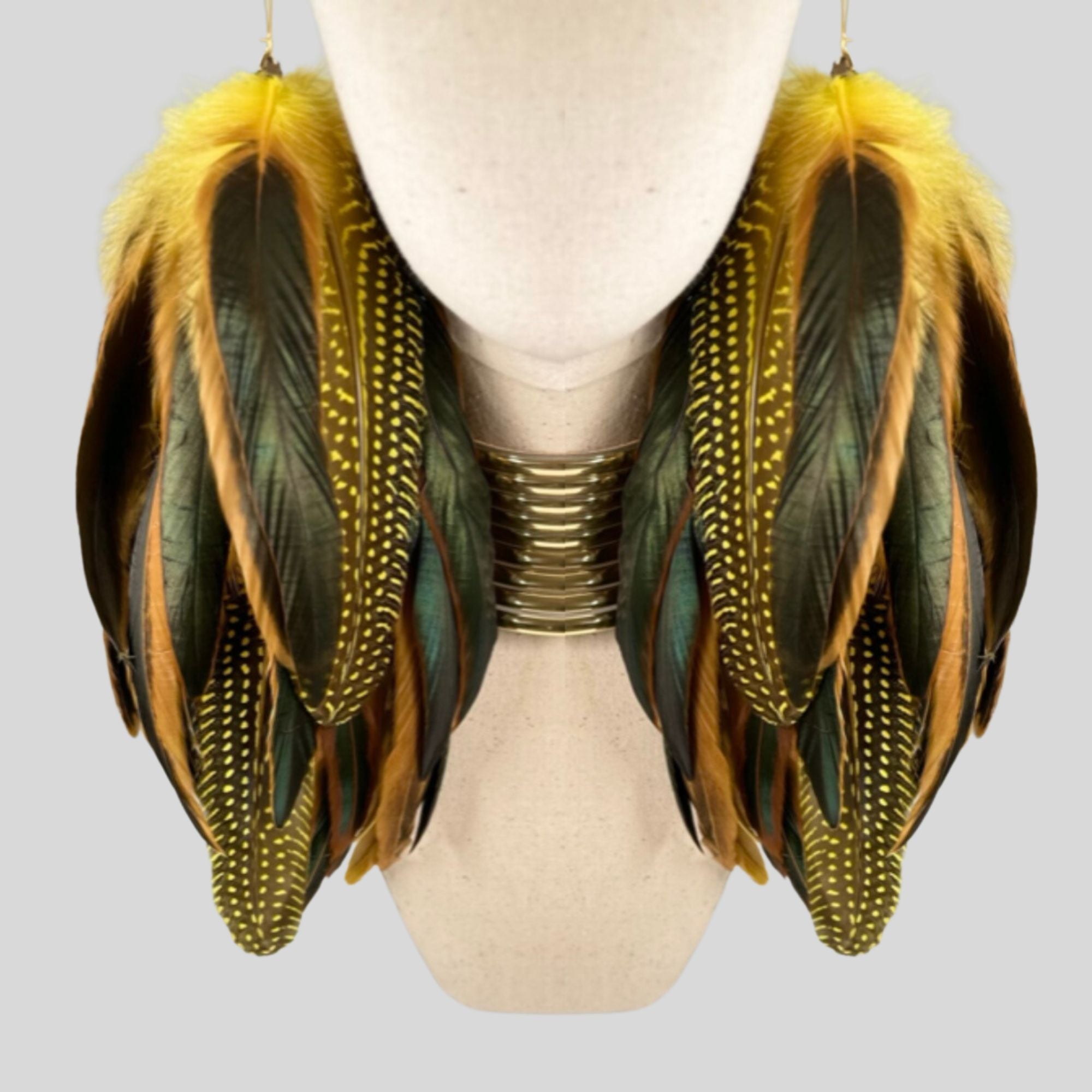 Yellow Schlappen and Yellow Guinea Long Dangle Feather Earrings
