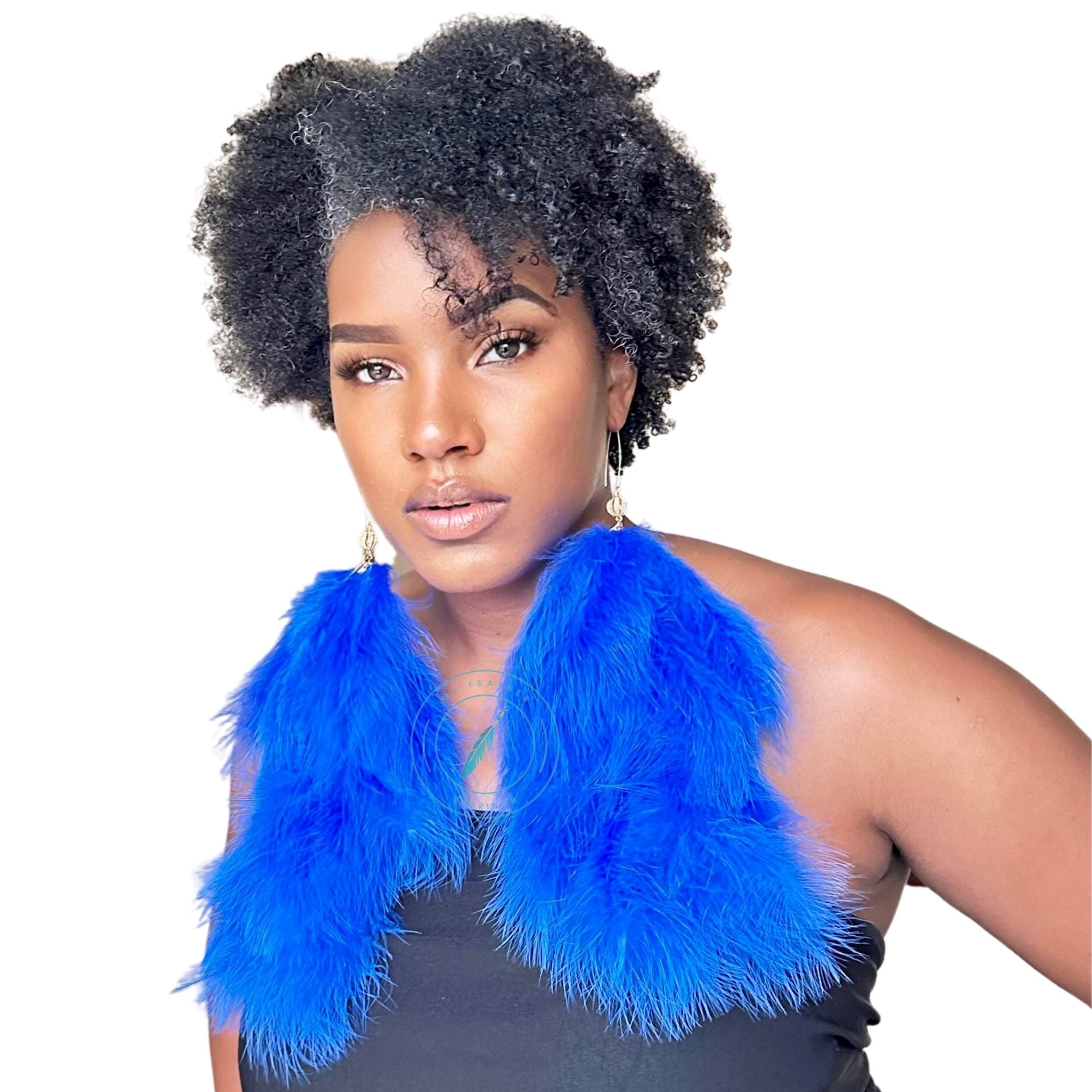 Royal Blue Plumes Fluffy Marabou Down Long Dangle Feather Earrings