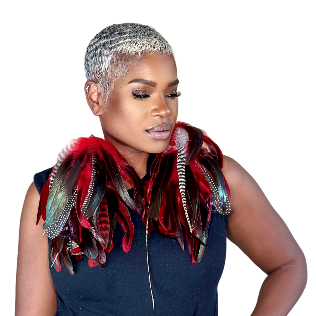 Red Schlappen and Guinea Long Dangle Feather Earrings