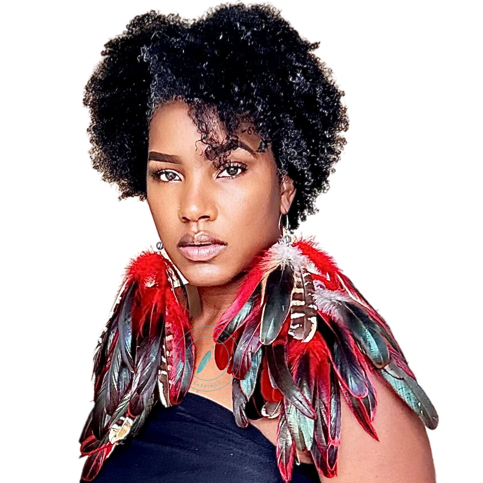 Red Schlappen and Venery Wings Long Dangle Feather Earrings
