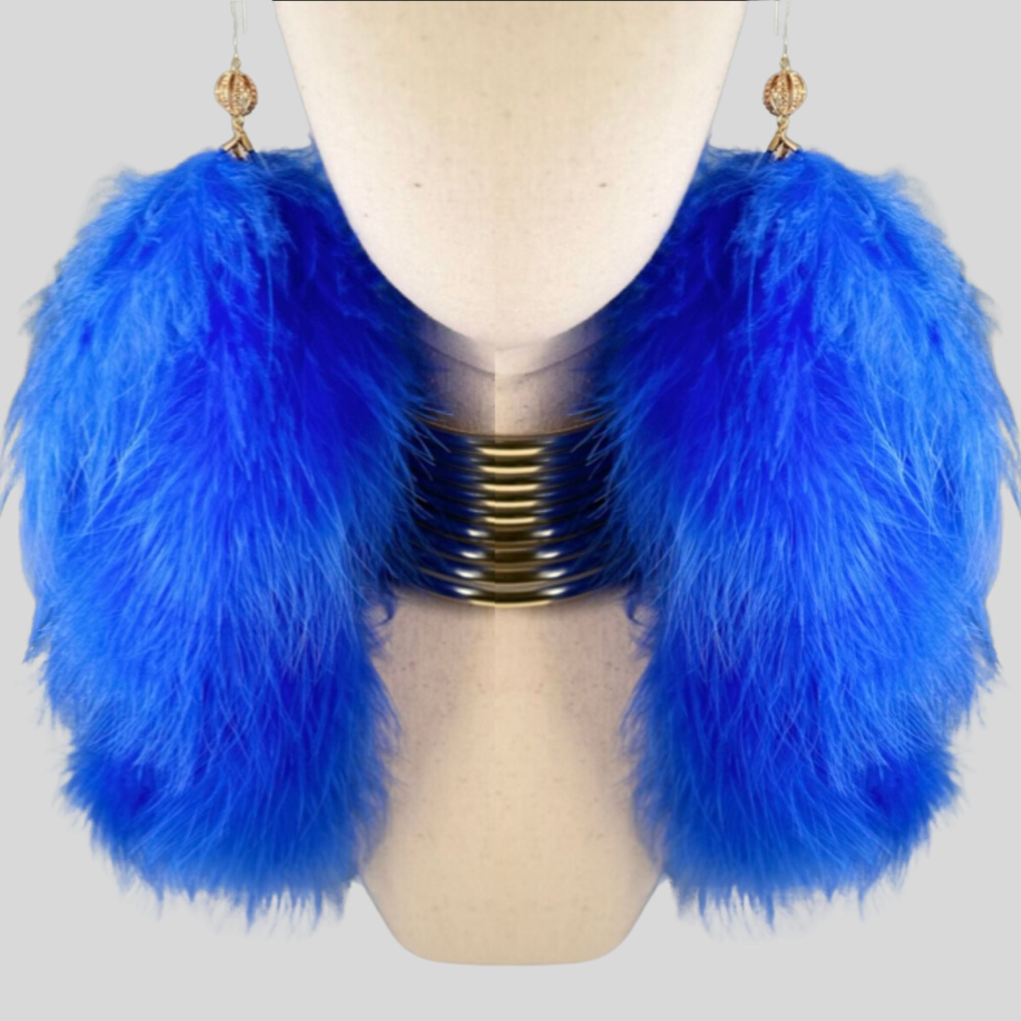 Royal Blue Plumes Fluffy Marabou Down Long Dangle Feather Earrings