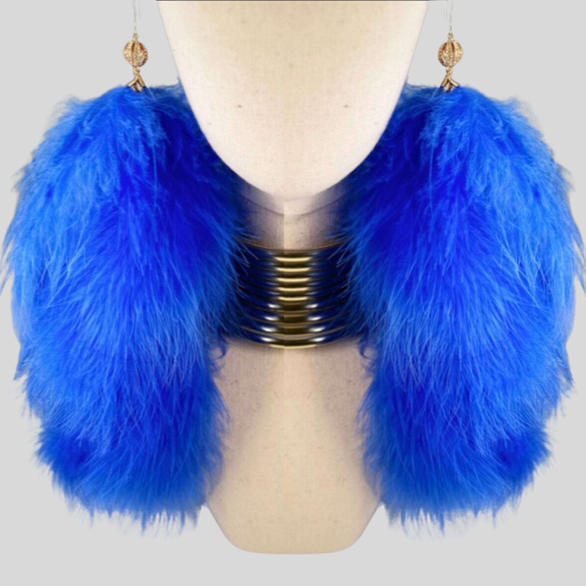 Royal Blue Plumes Fluffy Marabou Down Long Dangle Feather Earrings