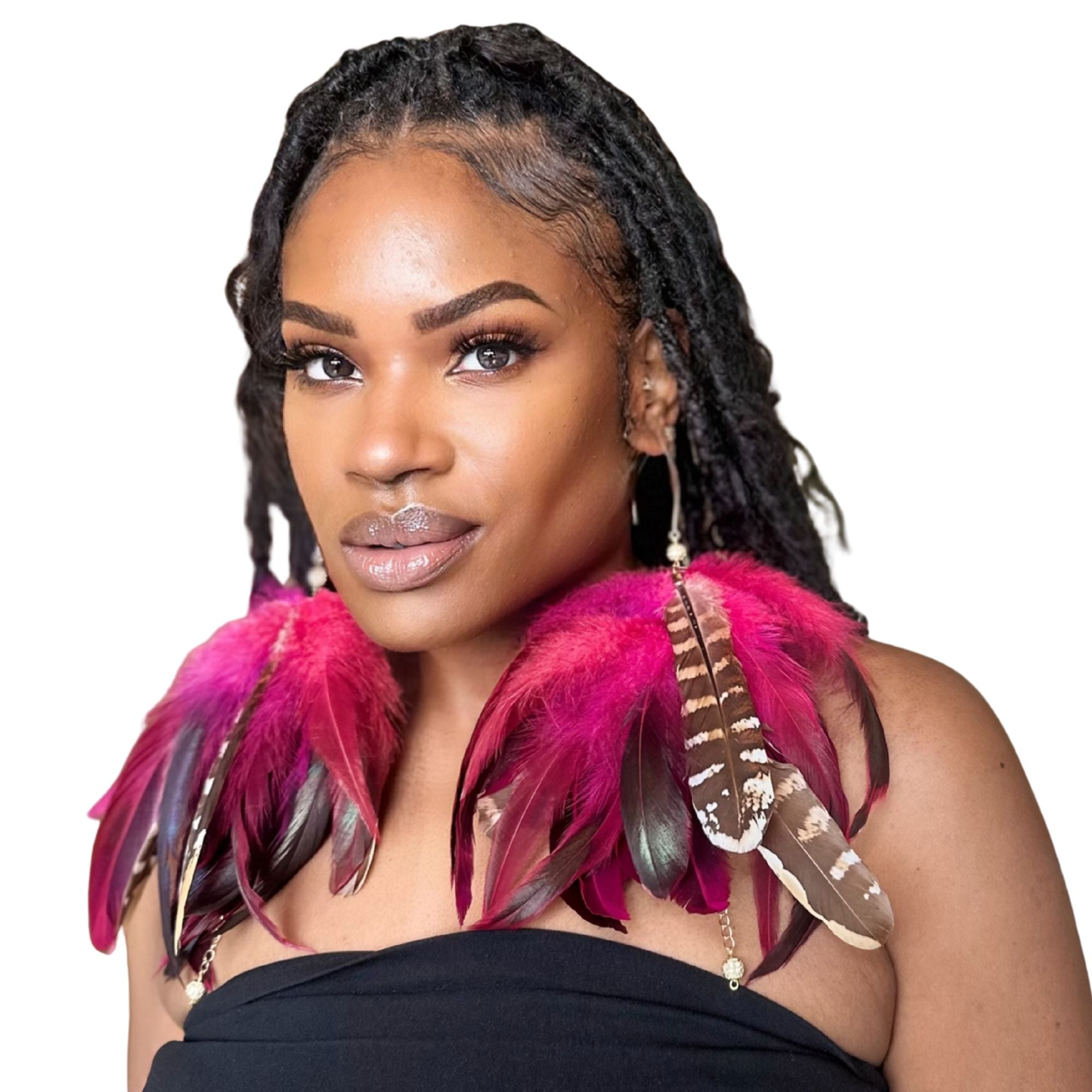 Fuchsia Schlappen and Venery Wings Short Tassel Feather Earrings