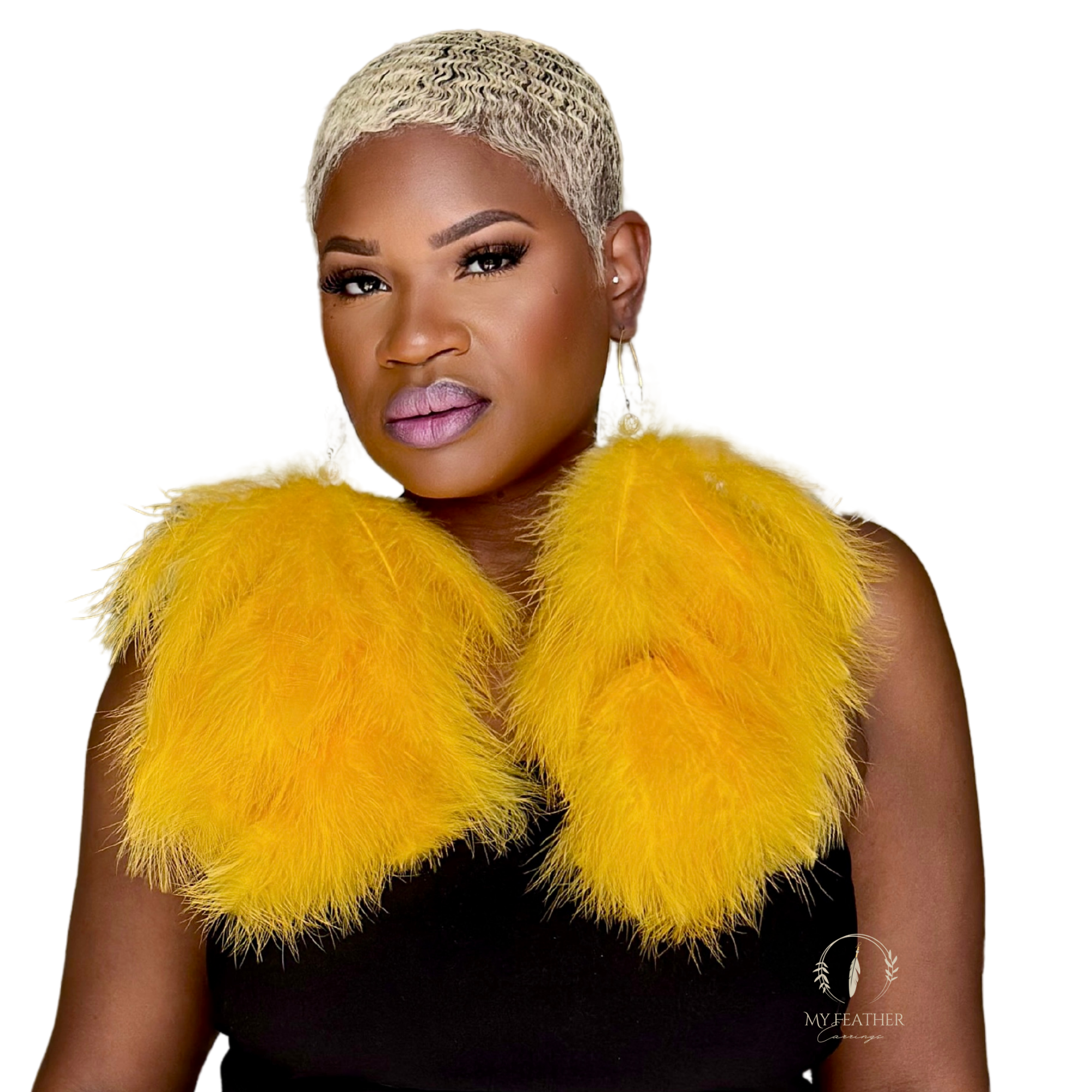 Gold Plumes Fluffy Marabou Down Long Dangle Feather Earrings