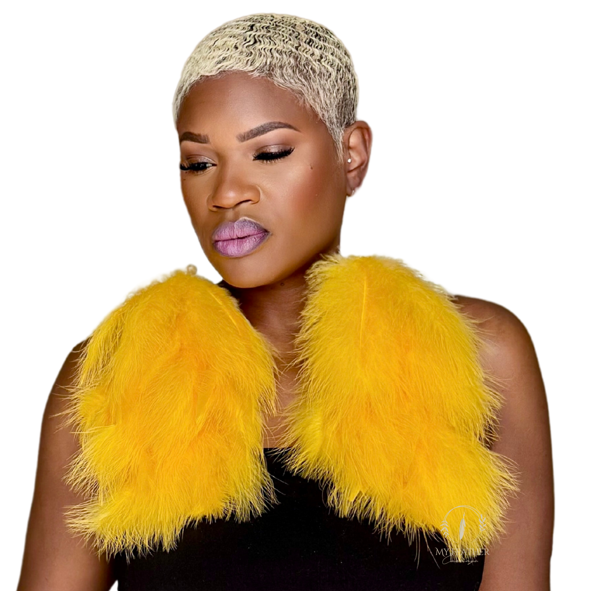Gold Plumes Fluffy Marabou Down Long Dangle Feather Earrings