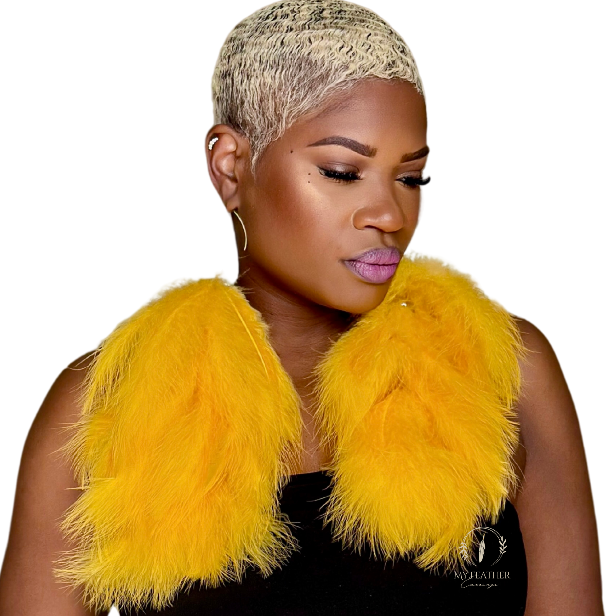 Gold Plumes Fluffy Marabou Down Long Dangle Feather Earrings