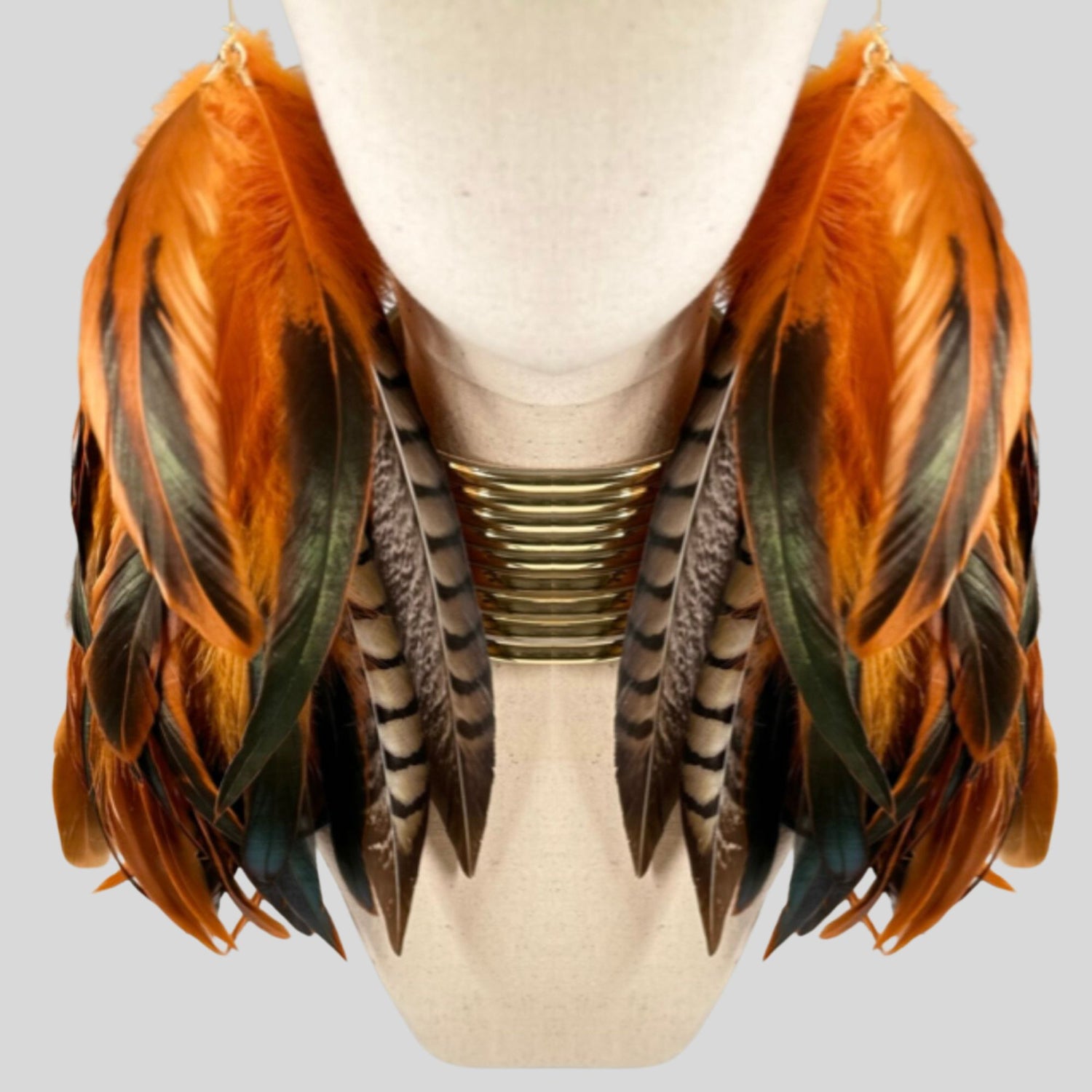 Orange Schlappen and Lady Amherst Long Dangle Feather Earrings