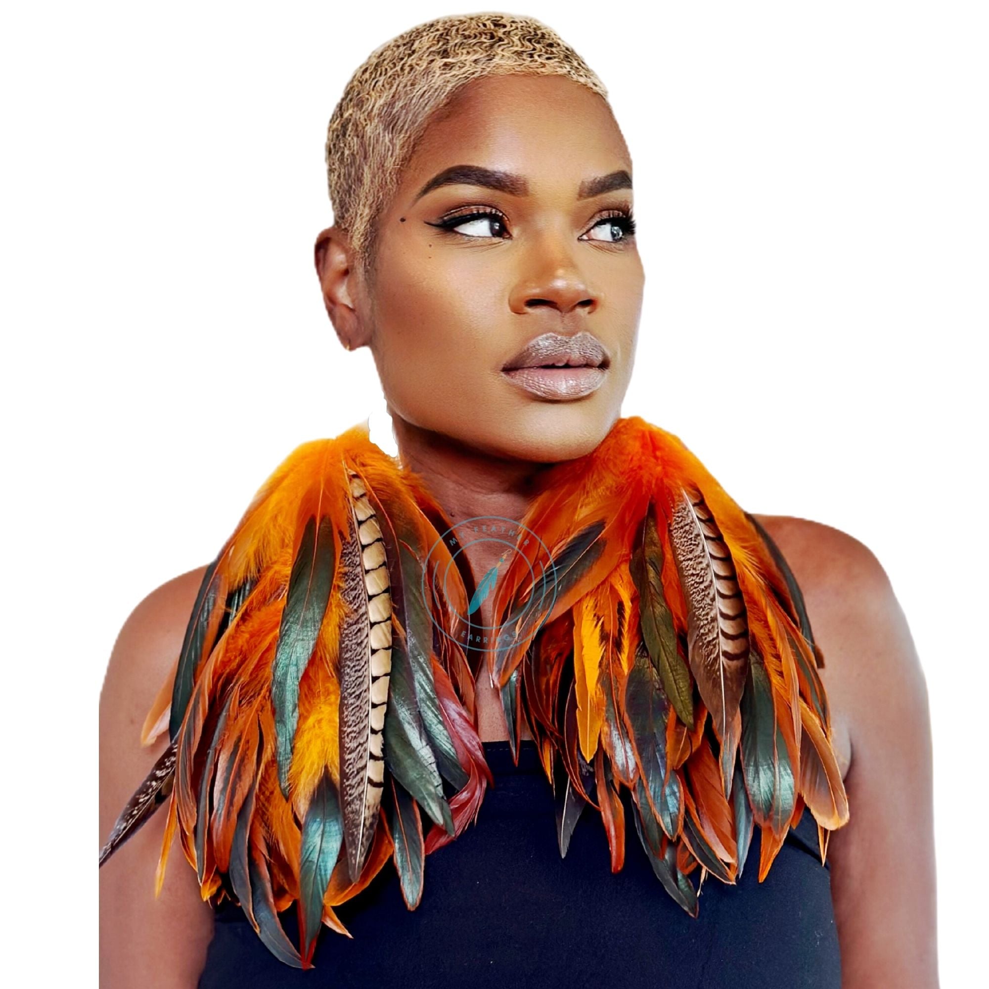 Orange Schlappen and Lady Amherst Long Dangle Feather Earrings