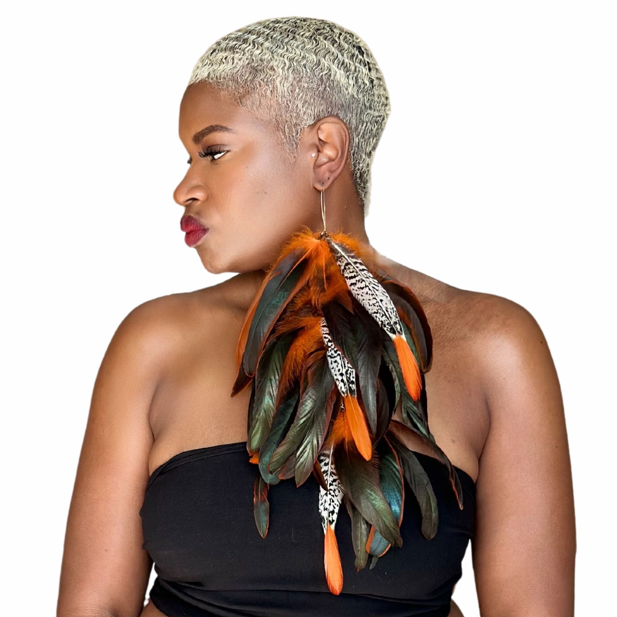 GRACE ORANGE - Orange Schlappen and Lady Amherst Long Dangle Feather Earrings (Copy)