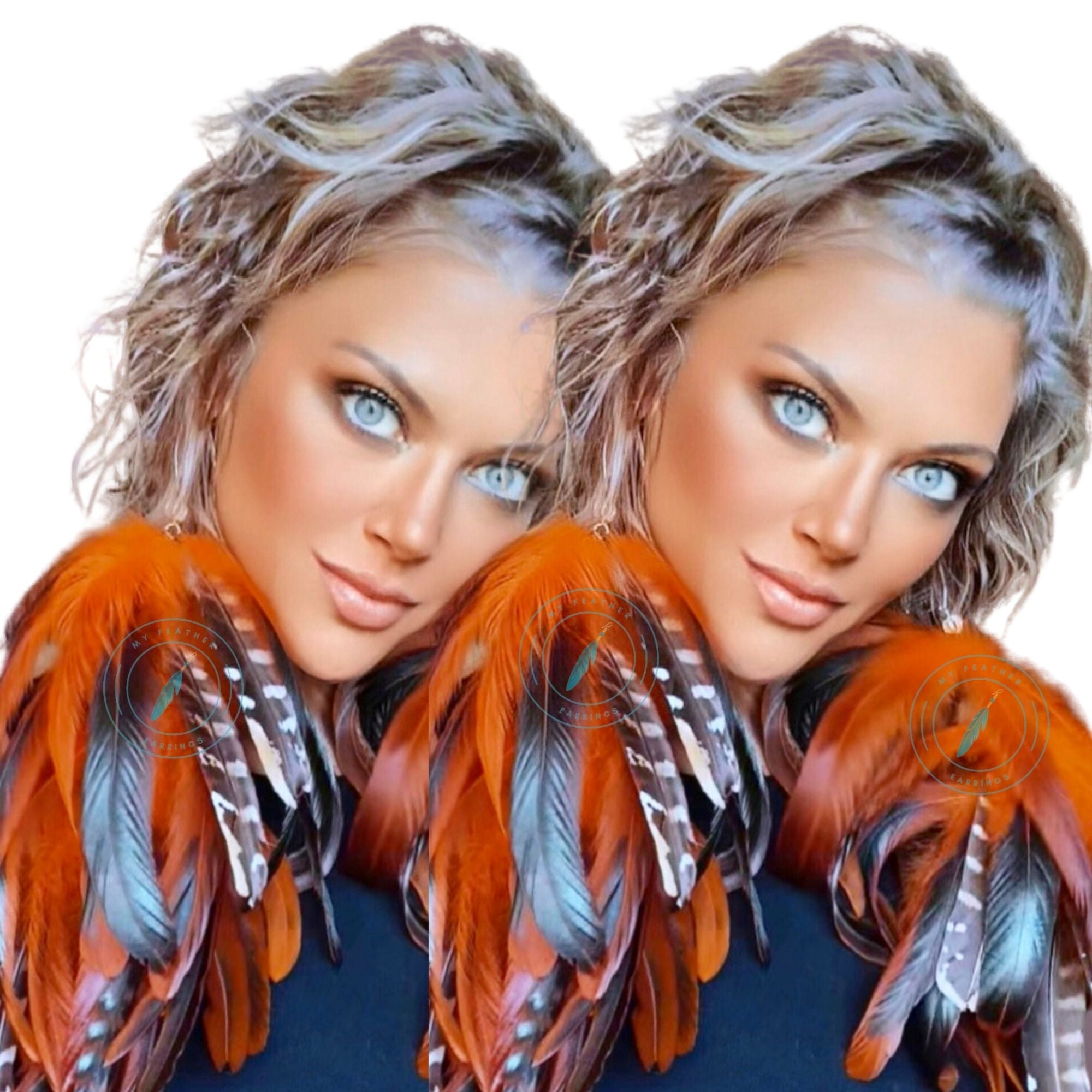 Orange Schlappen and Venery Long Dangle Feather Earrings