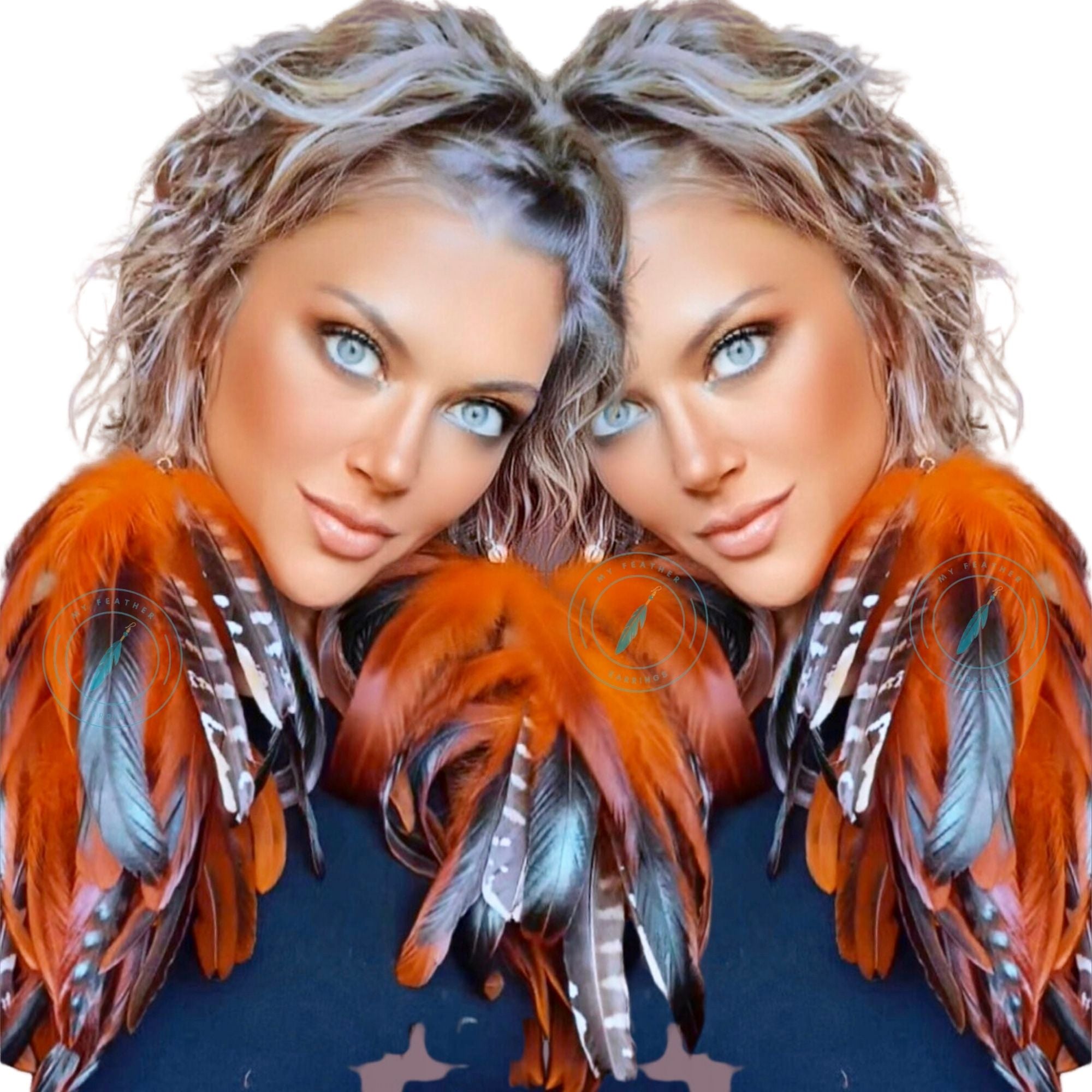 Orange Schlappen and Venery Long Dangle Feather Earrings