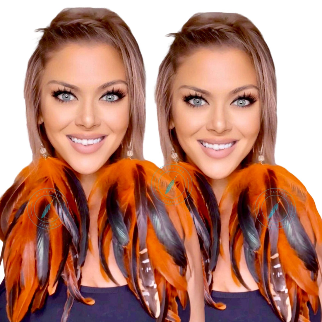 Orange Schlappen and Venery Long Dangle Feather Earrings