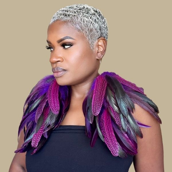 CHIC PURPLE - Purple Schlappen and Rose Guinea Long Dangle Feather Earrings