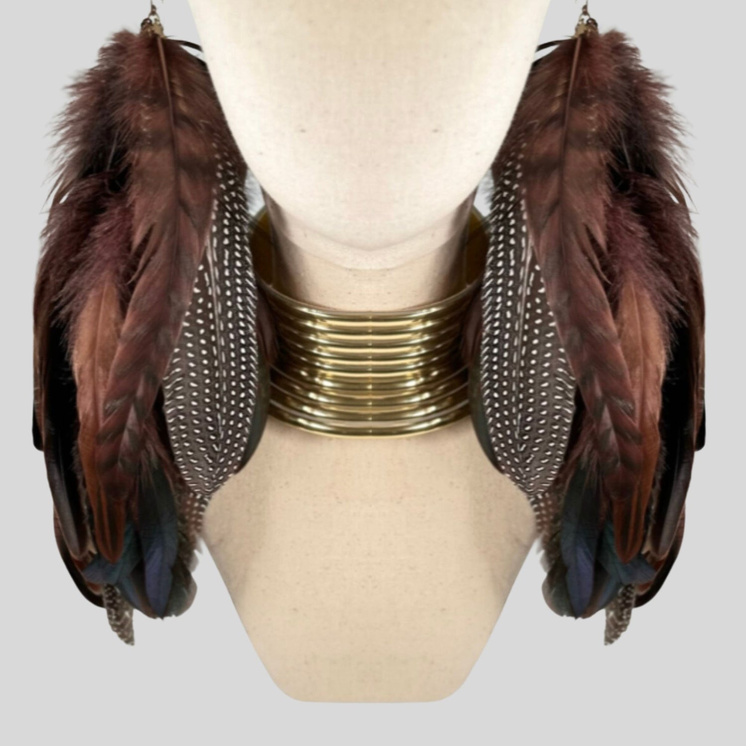 Brown Schlappen and Brown Guinea Long Dangle Feather Earrings