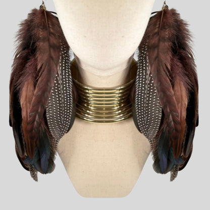 Brown Schlappen and Brown Guinea Long Dangle Feather Earrings
