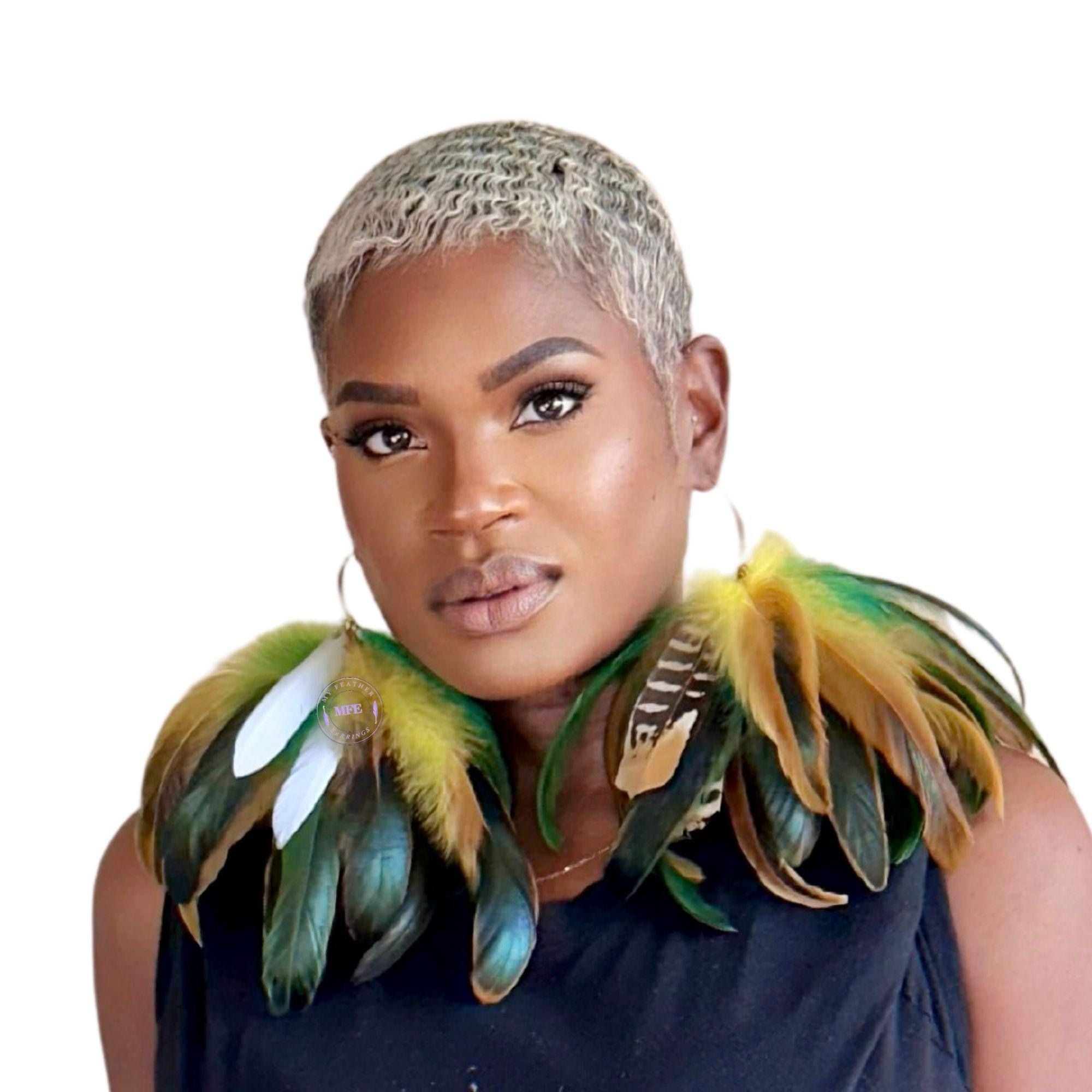 Feather Green and Yellow Short Tassel Our Earrings Don&